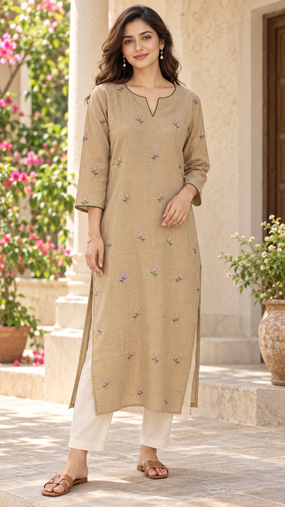 Beige flex cotton slitted kurti with all over floral embroidery MBS-1167 **last piece sale**