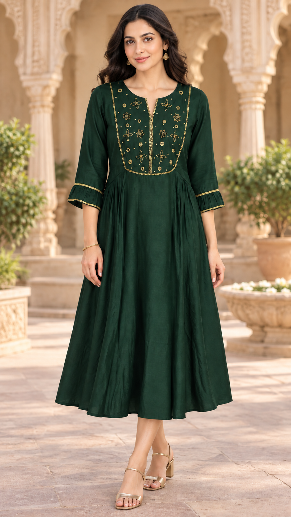 Green semi silk Aline kurti hand embroidered yoke MBS-1511 **last piece sale**