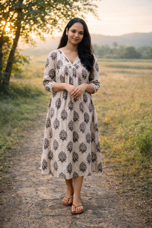 Floral printed cotton Aline kurti lace detailed neck in beige MBS-798 ** ready to dispatch**