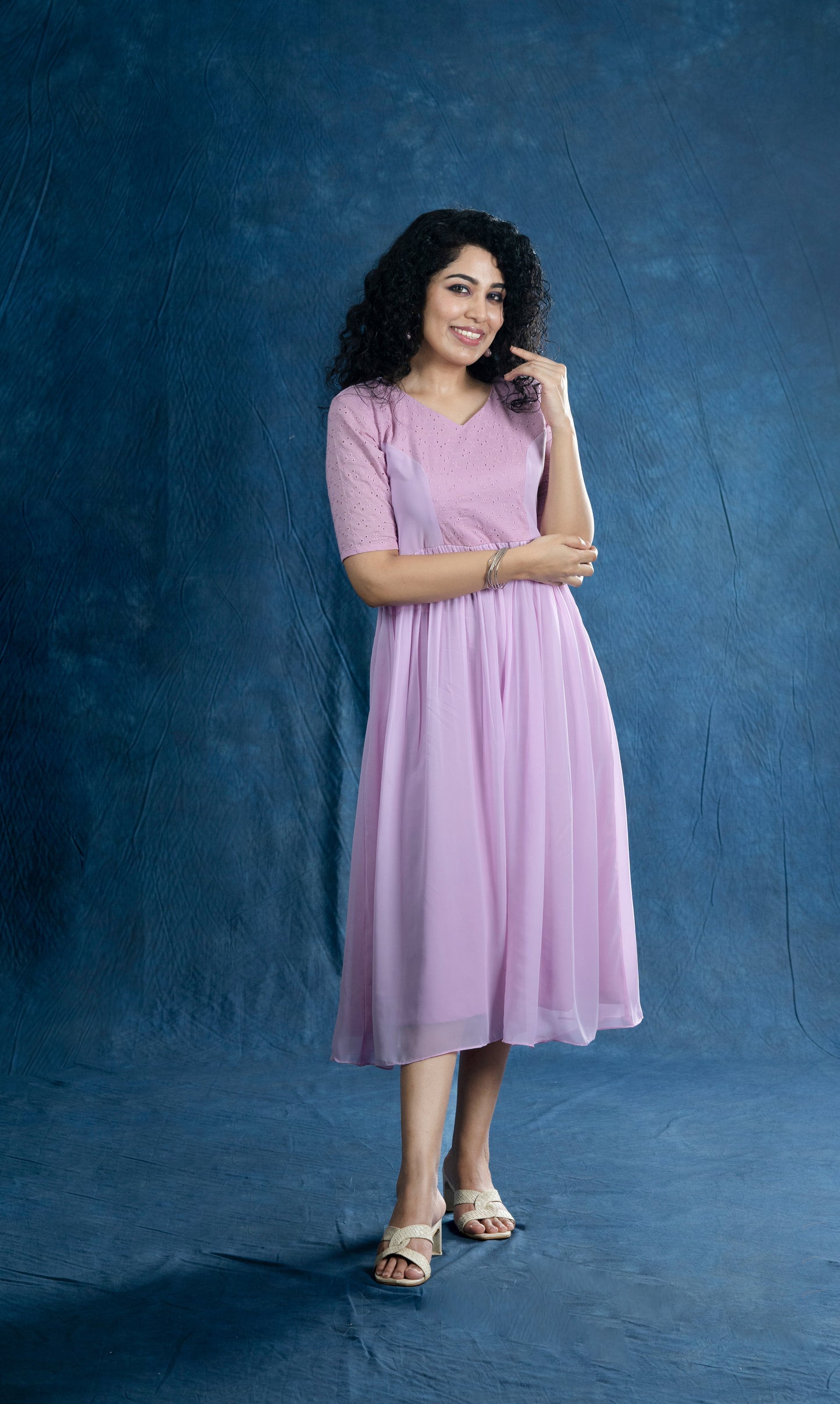 Pinkish lavender shaded georgette A-line kurti with hacoba yoke and sleeves MBS-R207