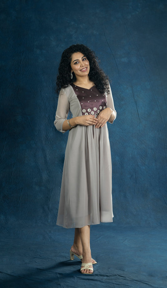 Glacier grey shaded Georgette A-line kurti with brocade scalloped yoke MBS-R231