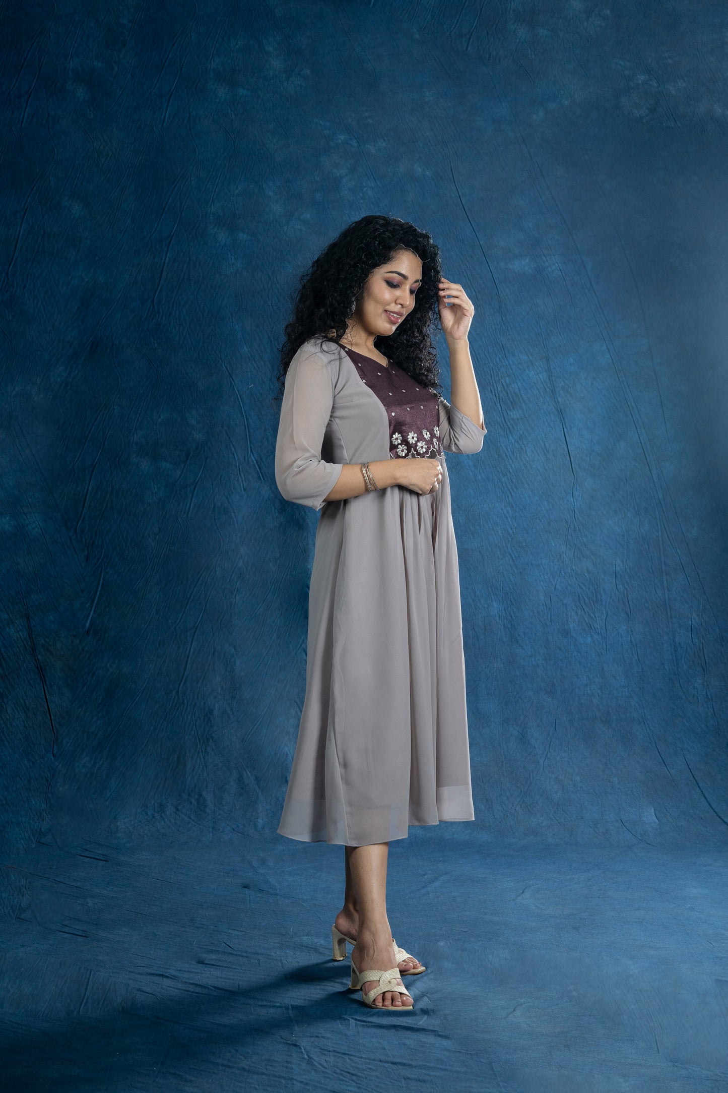 Glacier grey shaded Georgette A-line kurti with brocade scalloped yoke MBS-R231