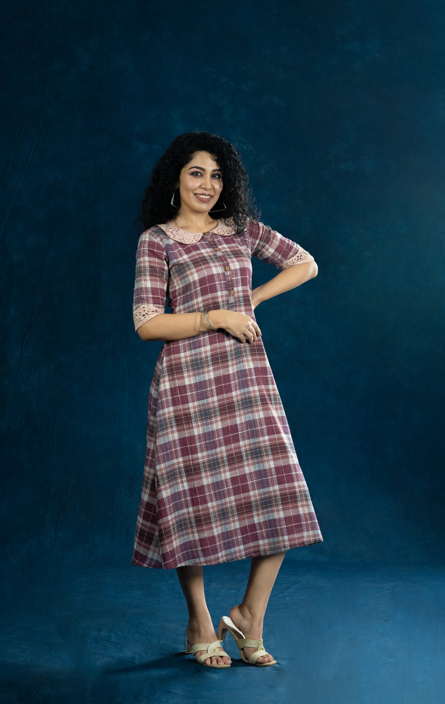 Linen mix cotton checks kurti/dress with hacoba Peter Pan collar and sleeves MBS-R208