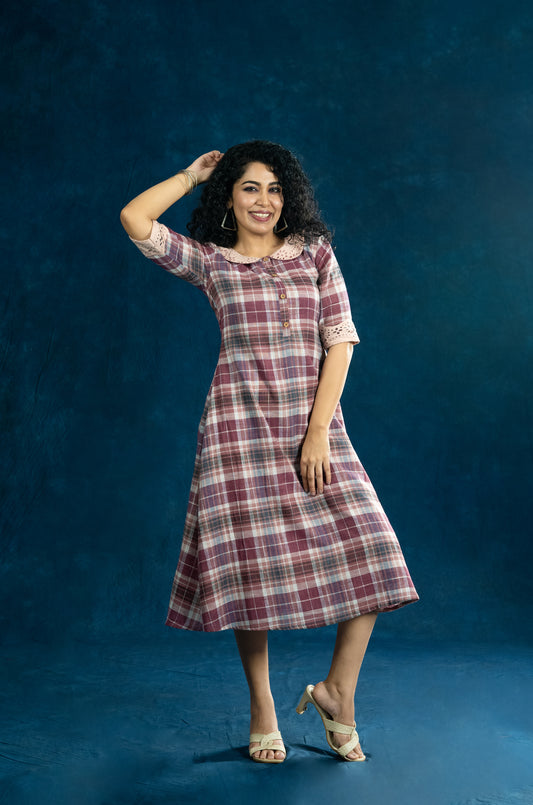 Linen mix cotton checks kurti/dress with hacoba Peter Pan collar and sleeves MBS-R208