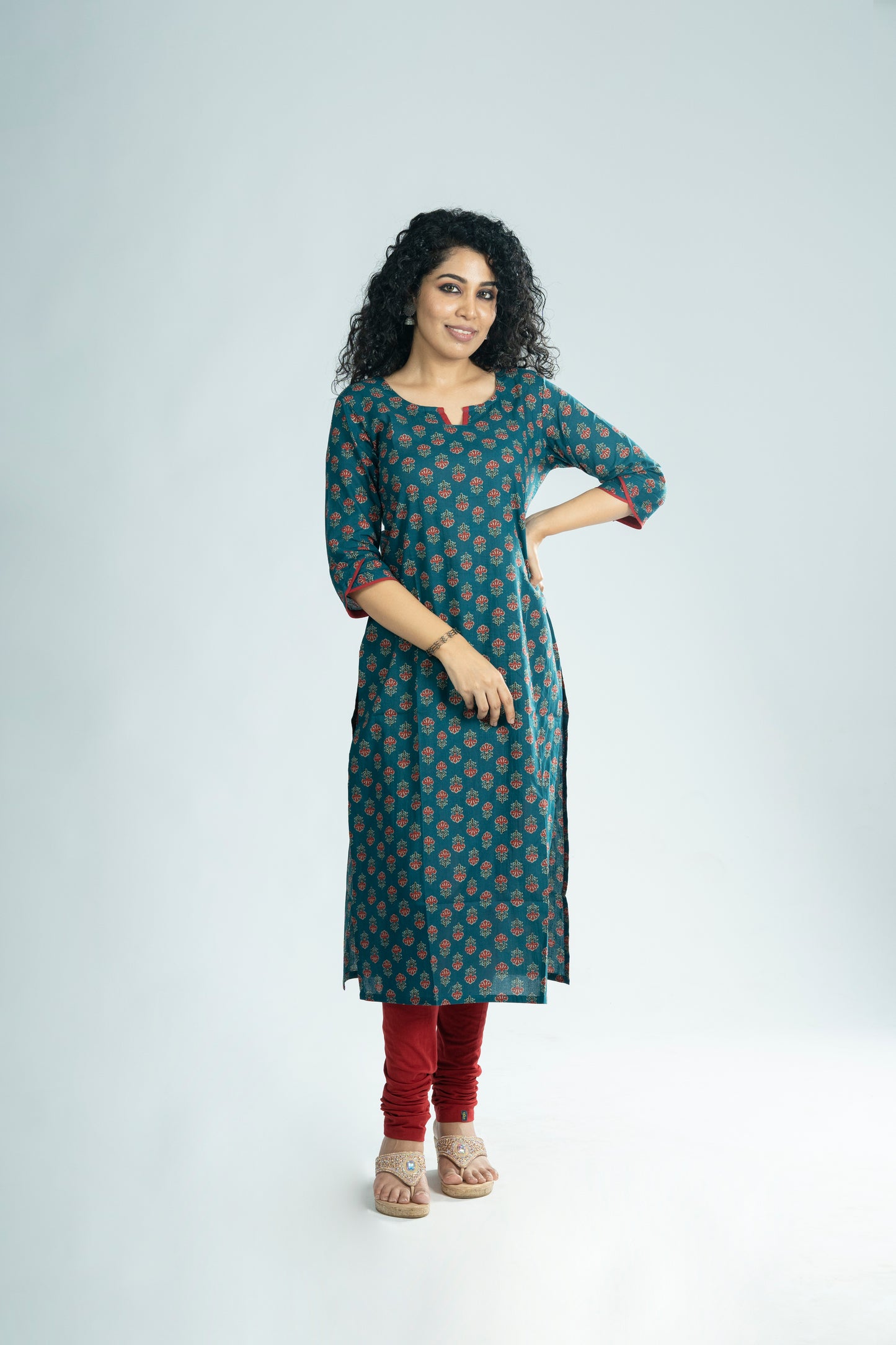 Floral printed cotton slitted kurti with overlapped sleeve end in dark teal blue shade  MBS-R247