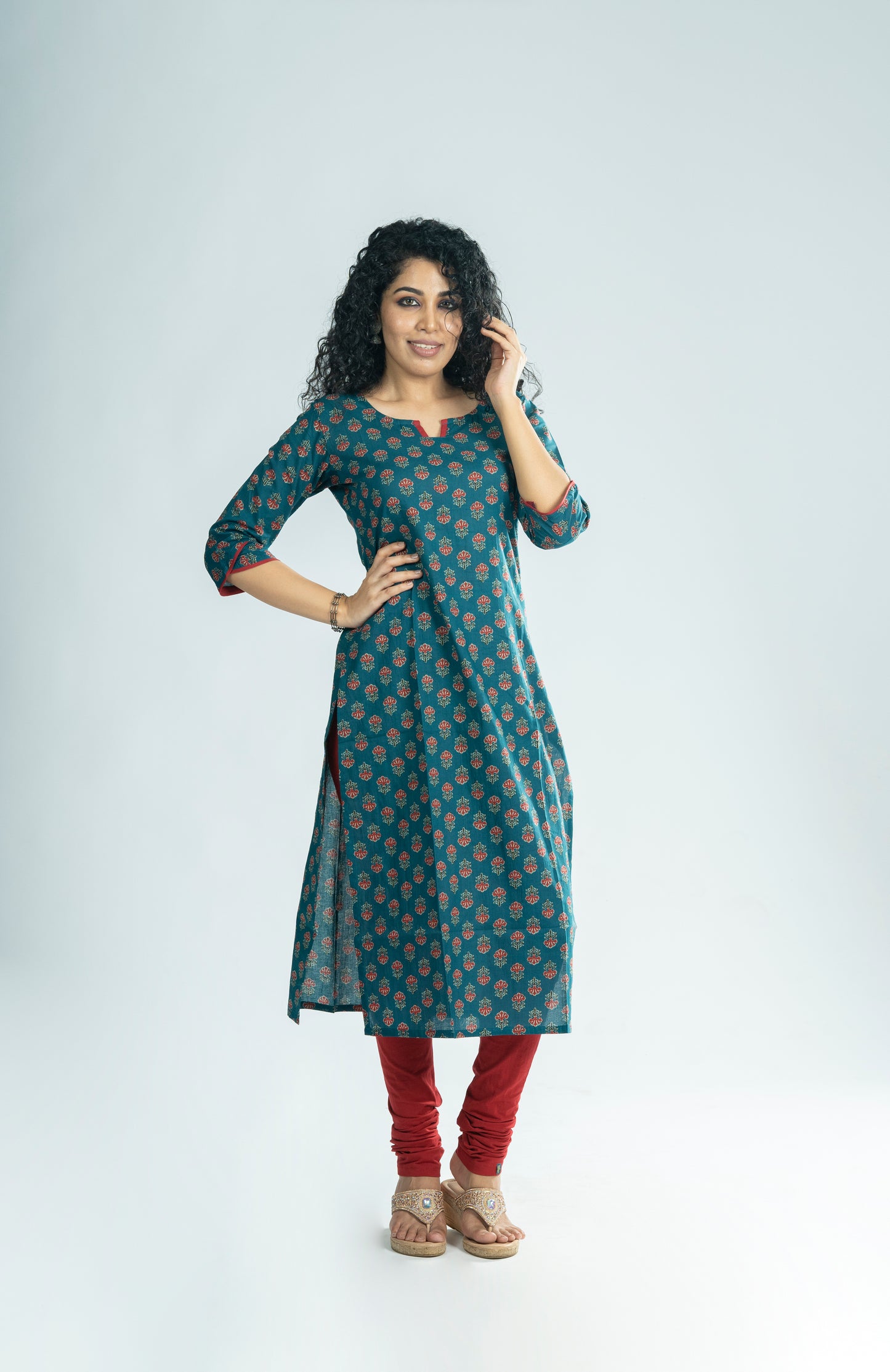 Floral printed cotton slitted kurti with overlapped sleeve end in dark teal blue shade  MBS-R247