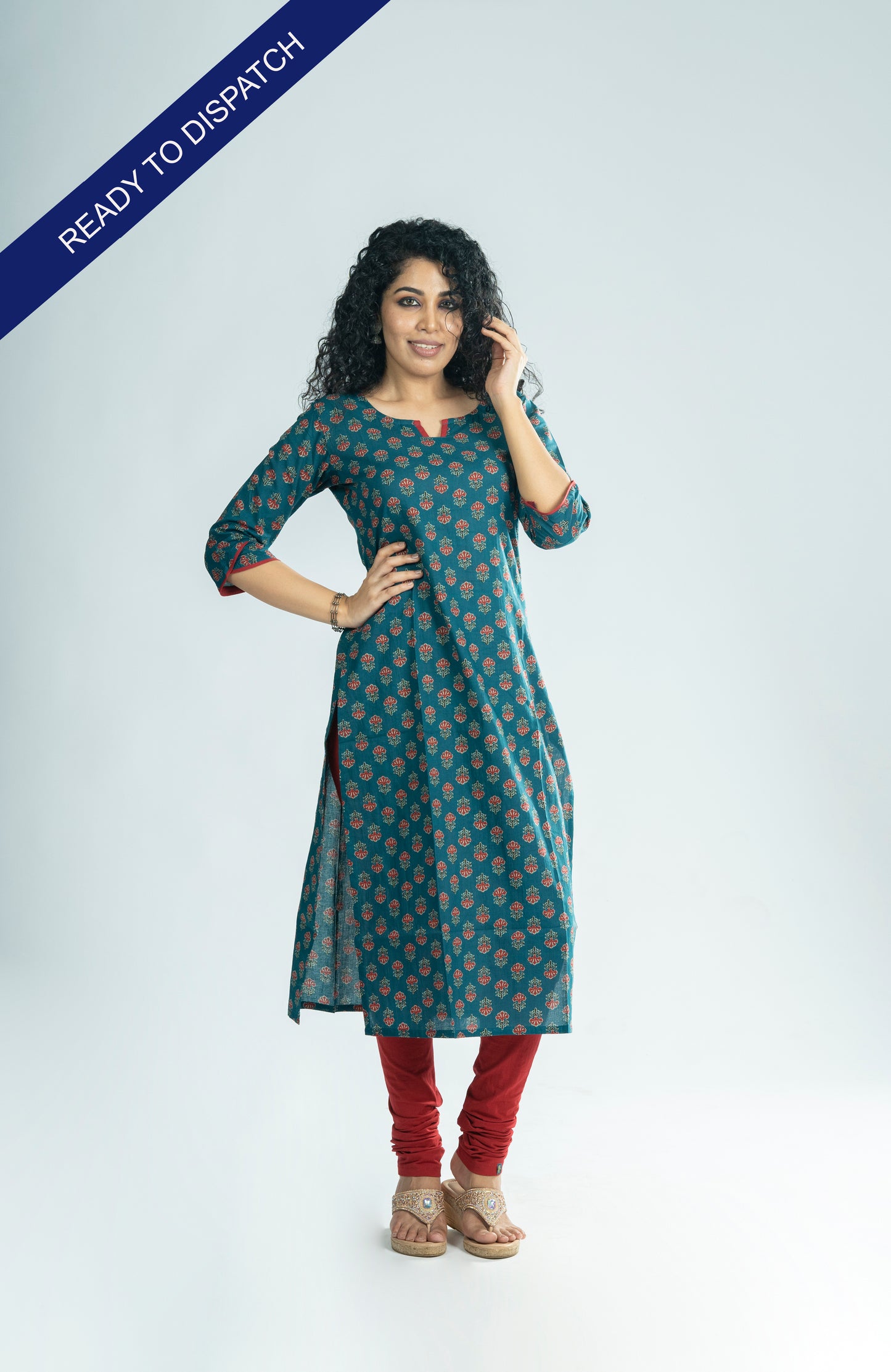 Floral printed cotton slitted kurti with overlapped sleeve end in dark teal blue shade  MBS-R247