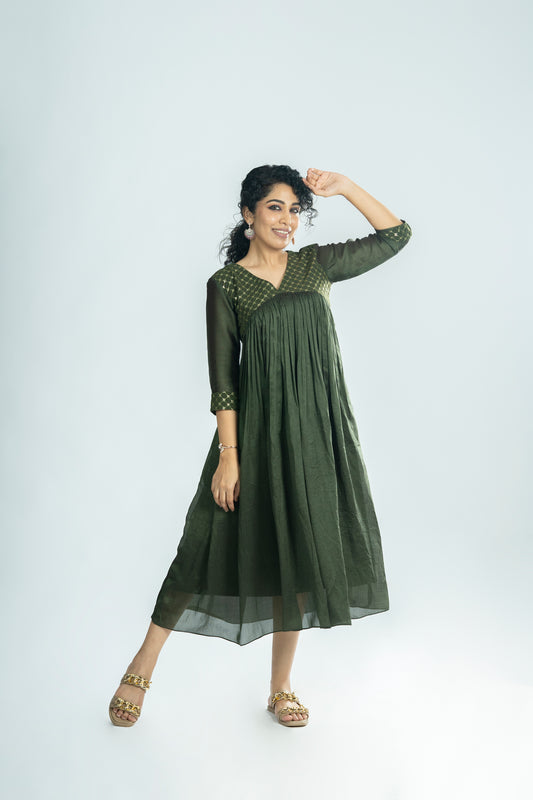 Badri silk Alia cut A-line kurti with designer yoke in mehndi green shade MBS-R221