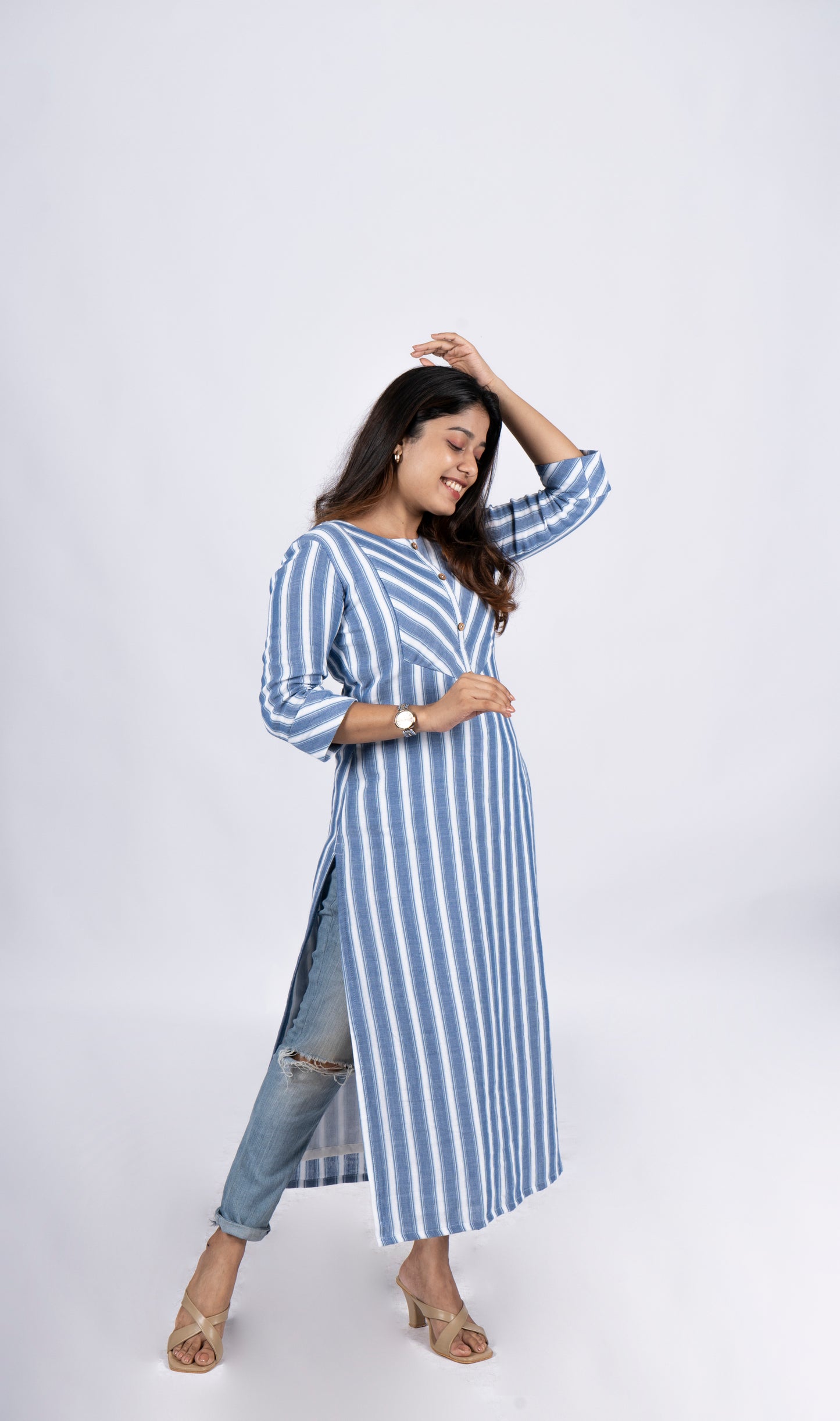 Blue and white striped pure soft cotton lining kurti MBS-R87