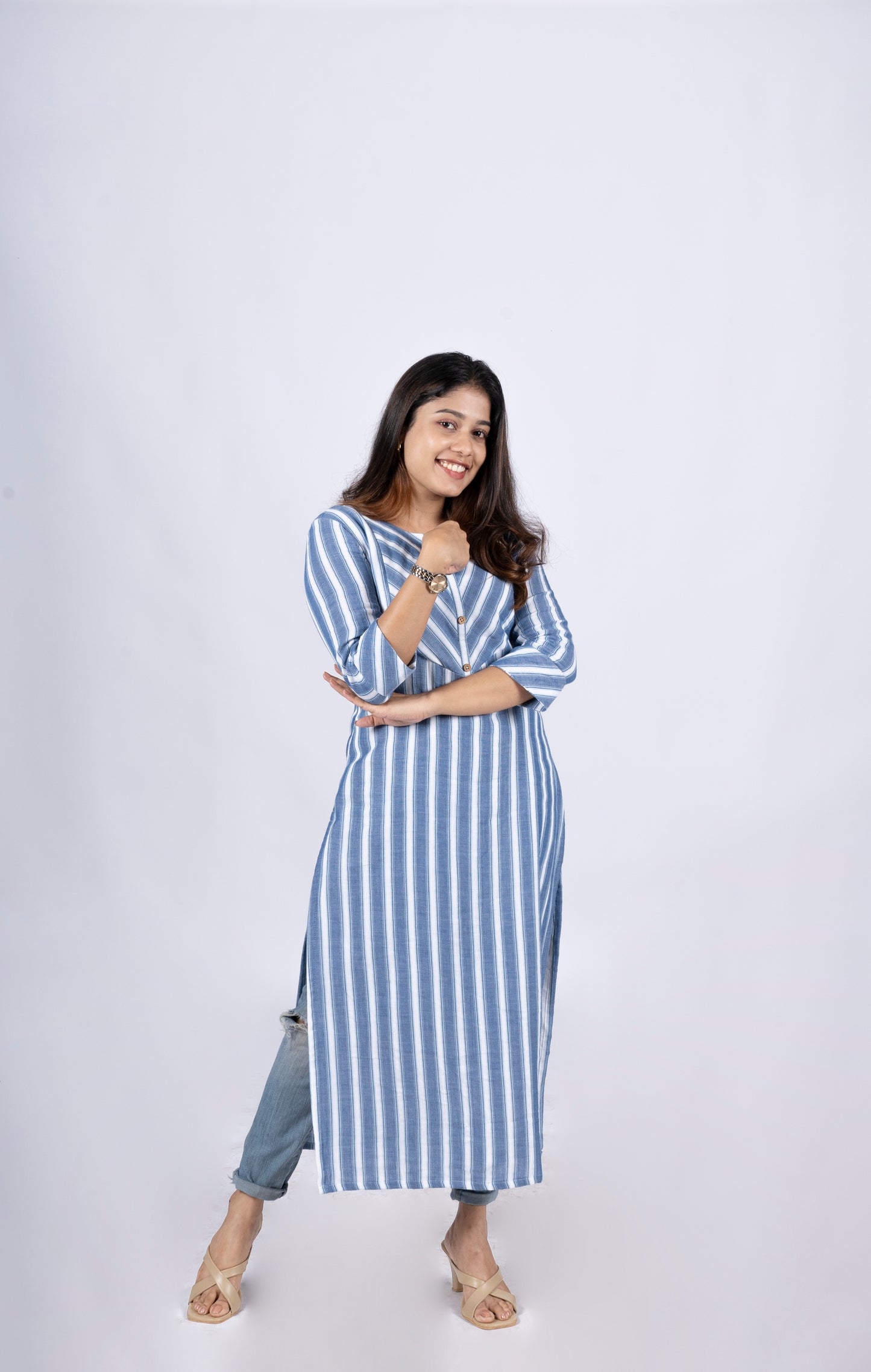 Blue and white striped pure soft cotton lining kurti MBS-R87