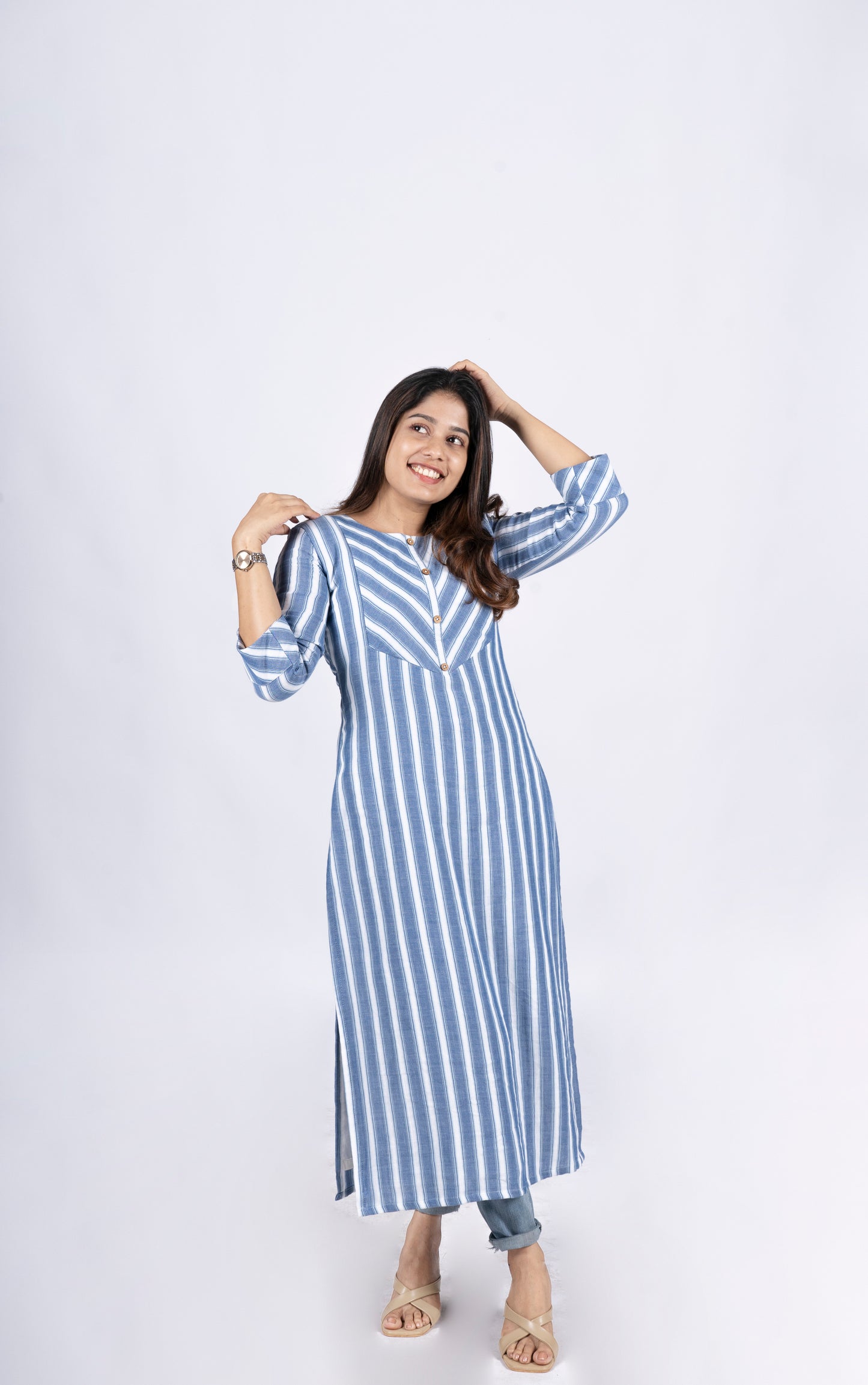 Blue and white striped pure soft cotton lining kurti MBS-R87