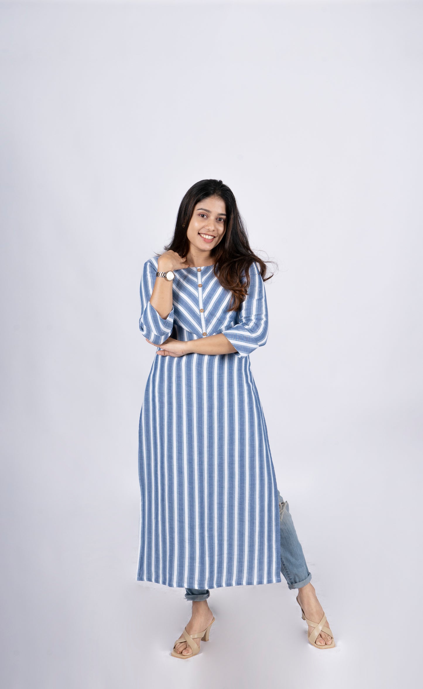 Blue and white striped pure soft cotton lining kurti MBS-R87