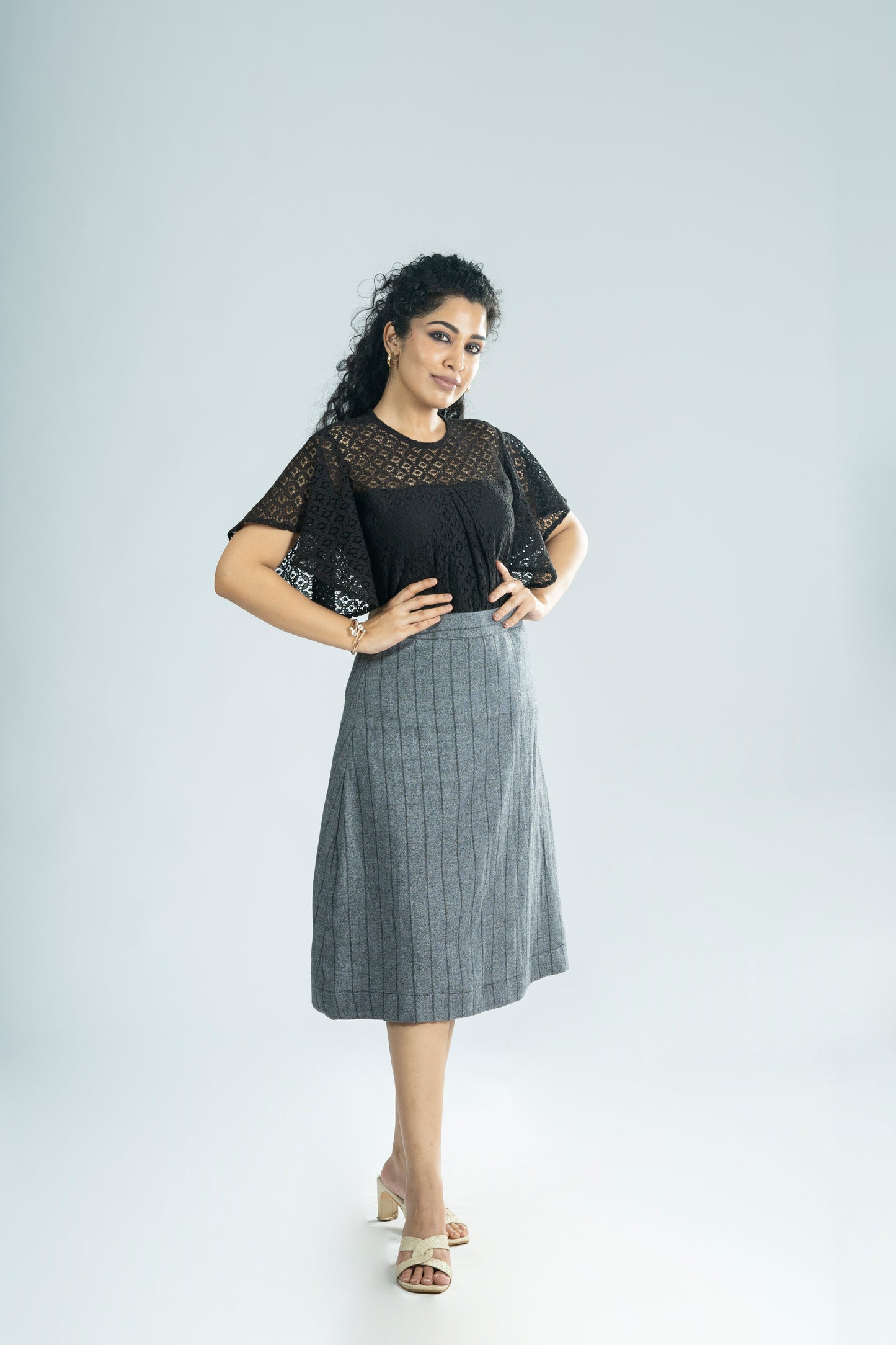 Black sheer/lace top with soft wool cotton skirt MBS-R201