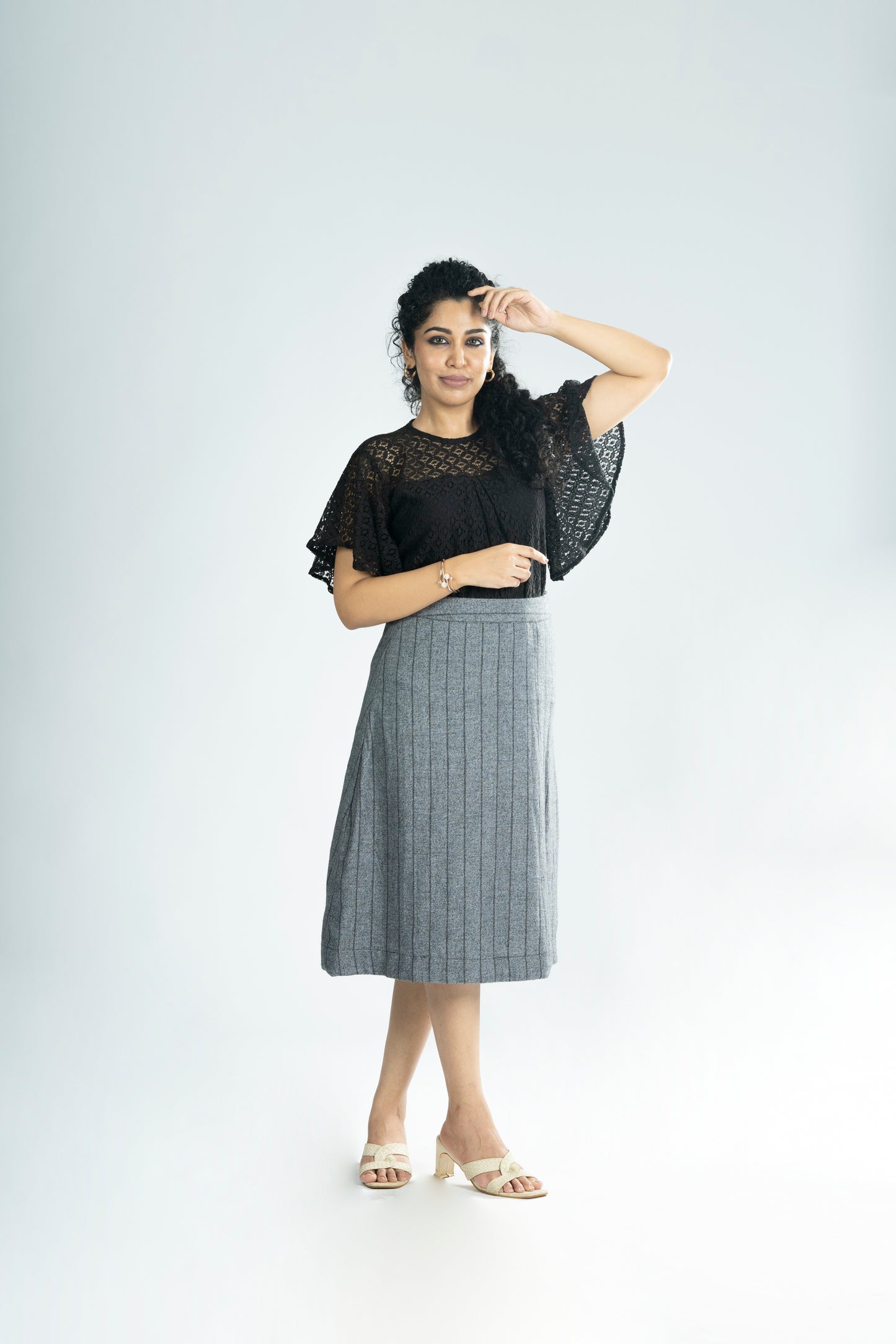Black sheer/lace top with soft wool cotton skirt MBS-R201