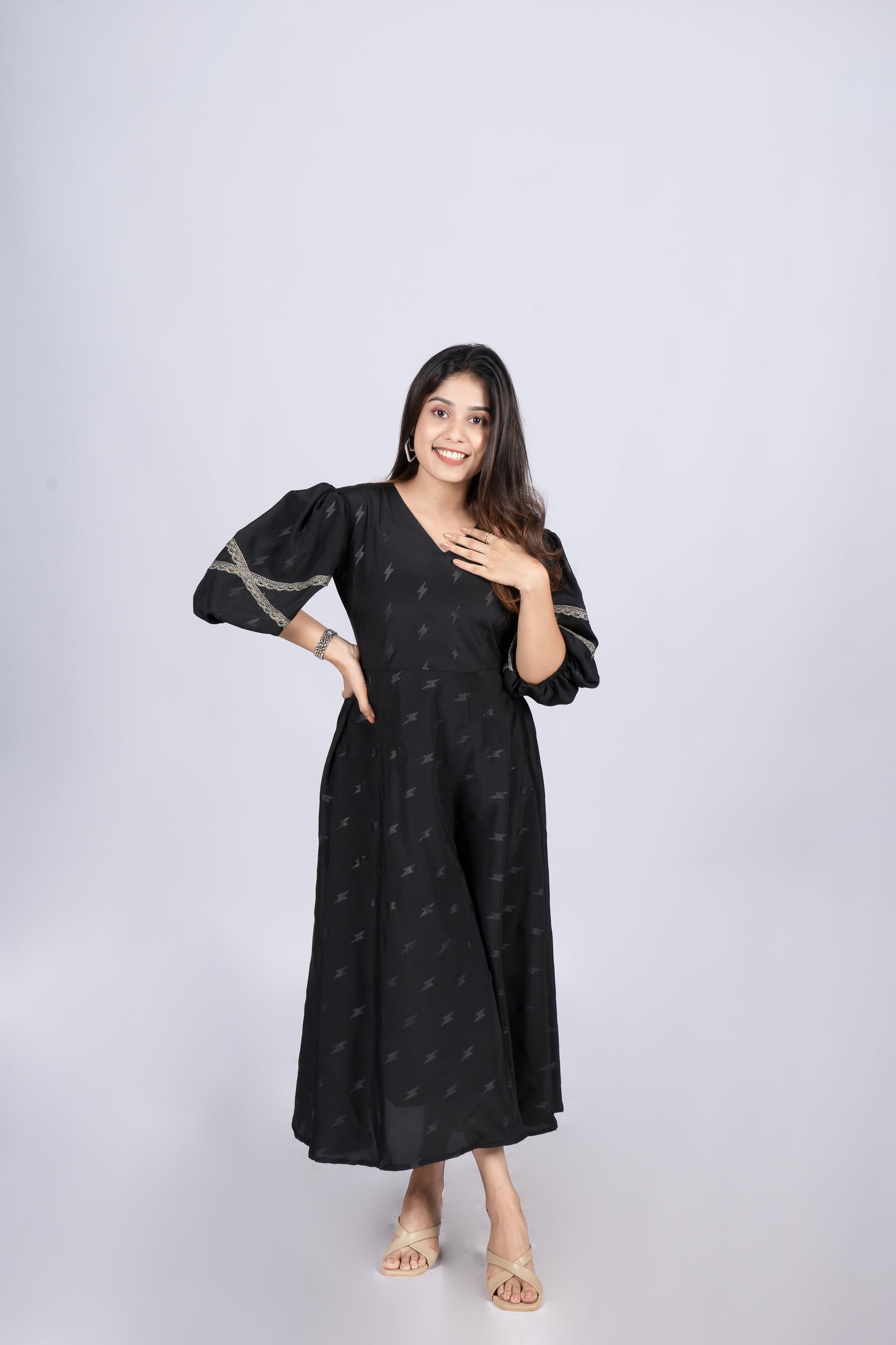 Black silky georgette dress/frock with lace detailed sleeves MBS-R78