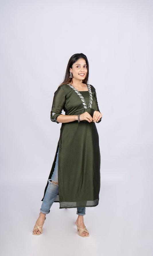 Badri silk lining kurti detailed with handwork in green palette MBS -R88