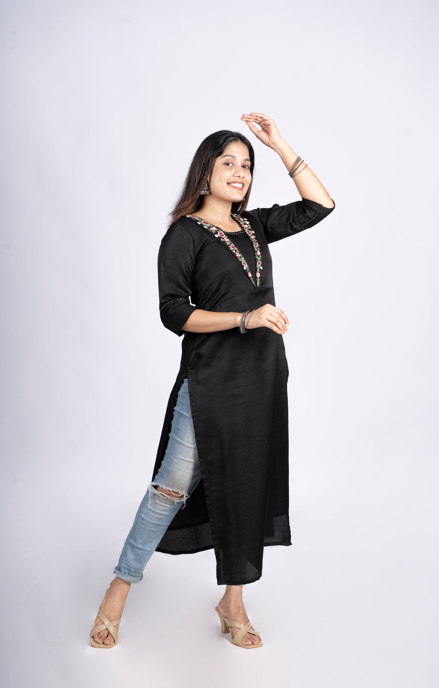 Black nyra silk lining kurti with floral embroidery neckline MBS-R86