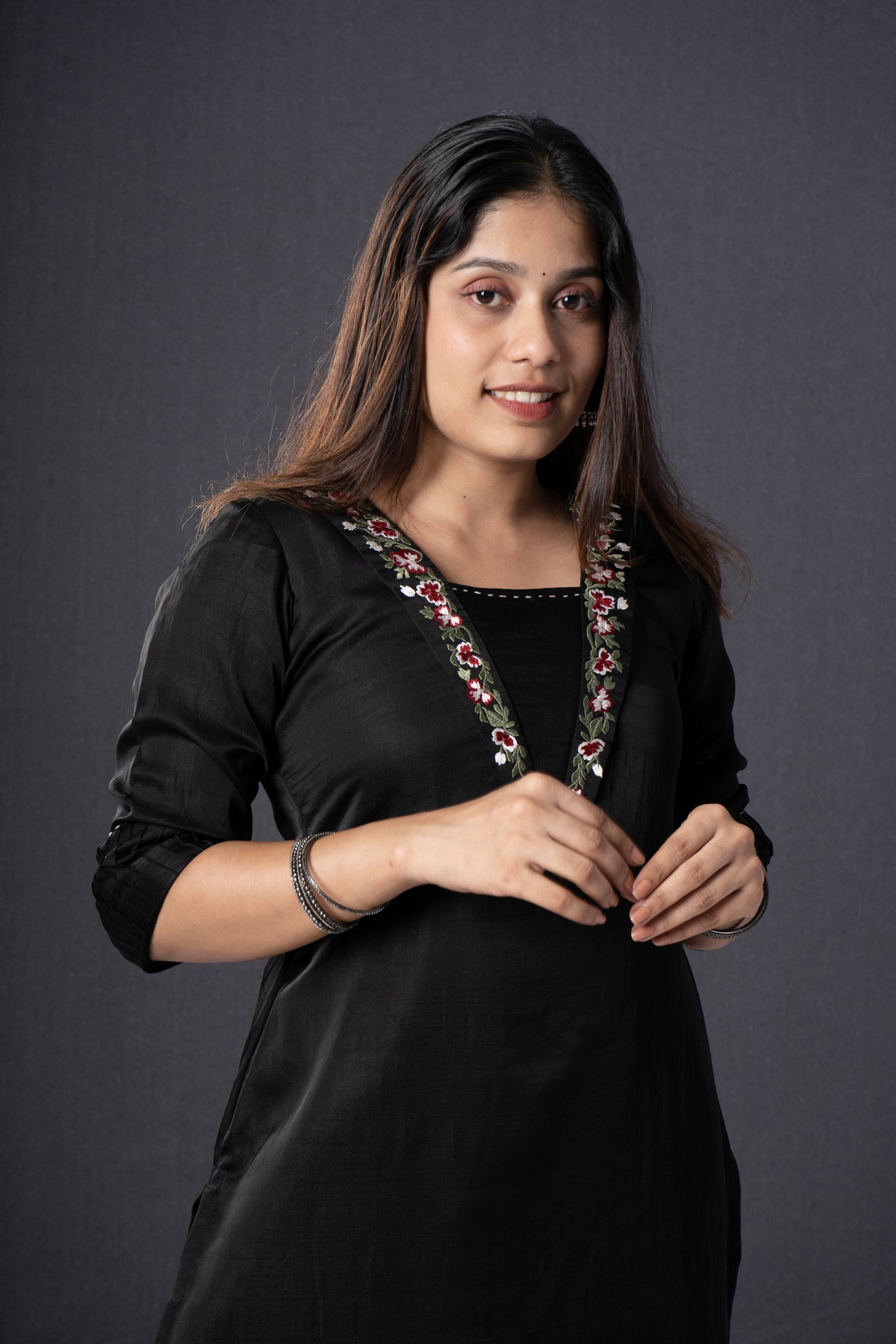 Black nyra silk lining kurti with floral embroidery neckline MBS-R86