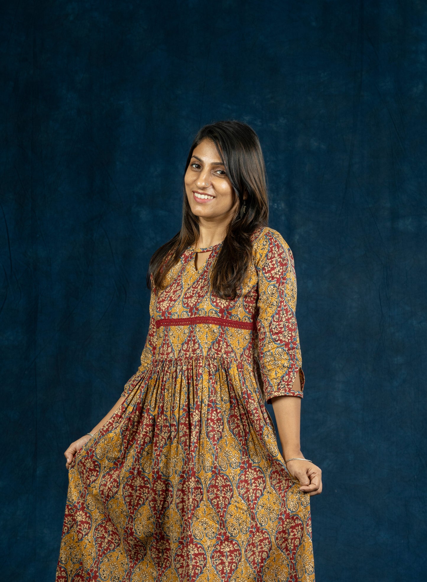 Multi shaded soft cotton printed A-line kurti/dress with crochet lace detailing and gathers MBS-R224