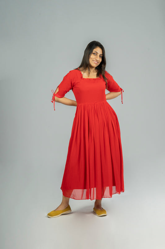 Red georgette A-line kurti with frilled neck MBS-R232
