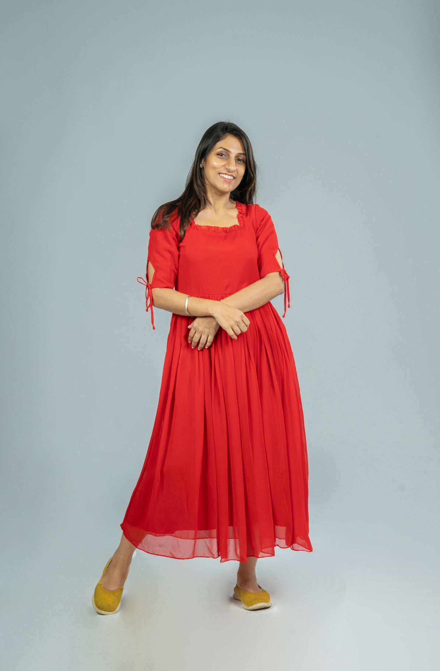 Red georgette A-line kurti with frilled neck MBS-R232