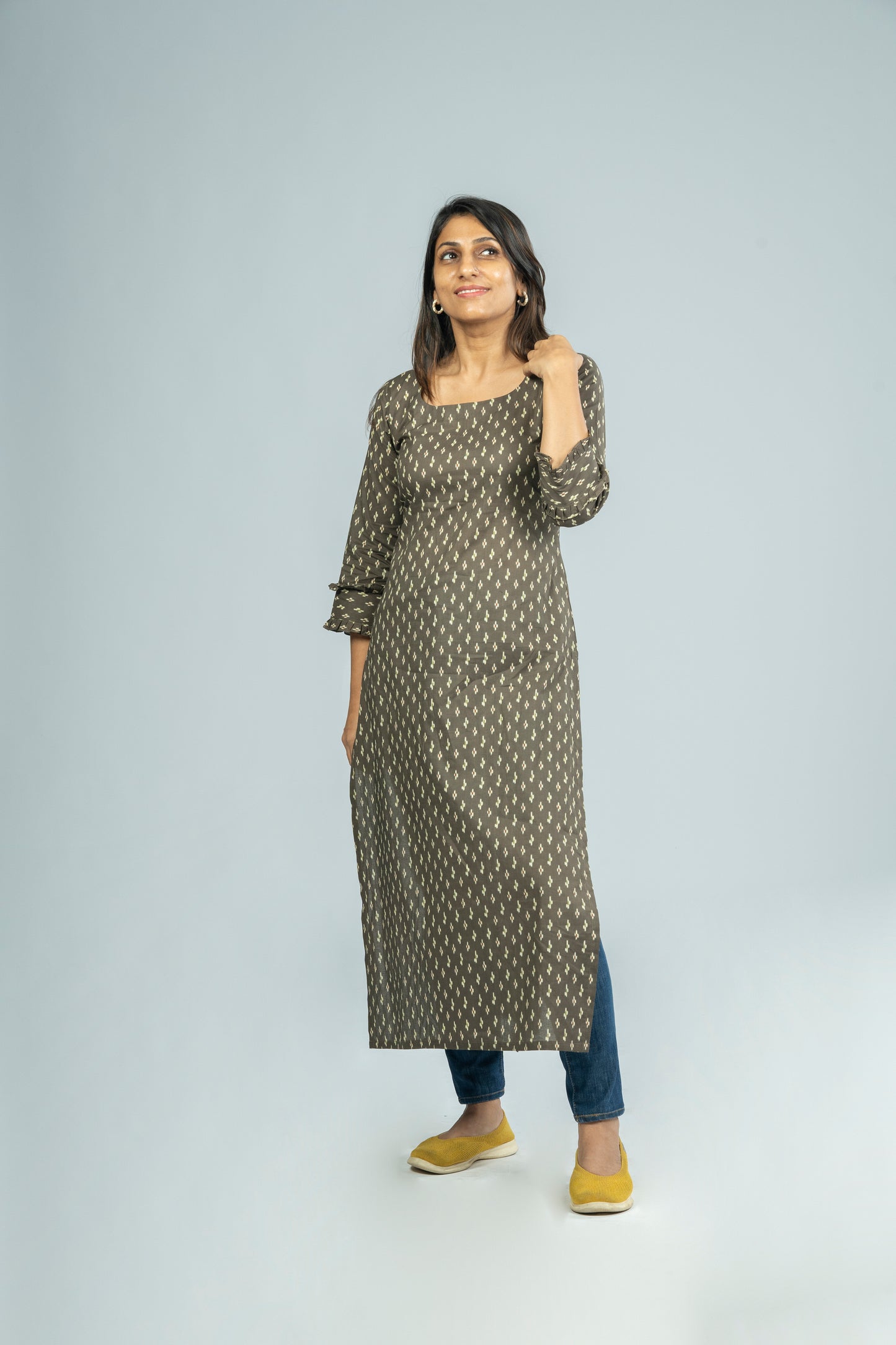 Taupe brown ikkat printed cotton slitted kurti with frilled sleeves MBS-220