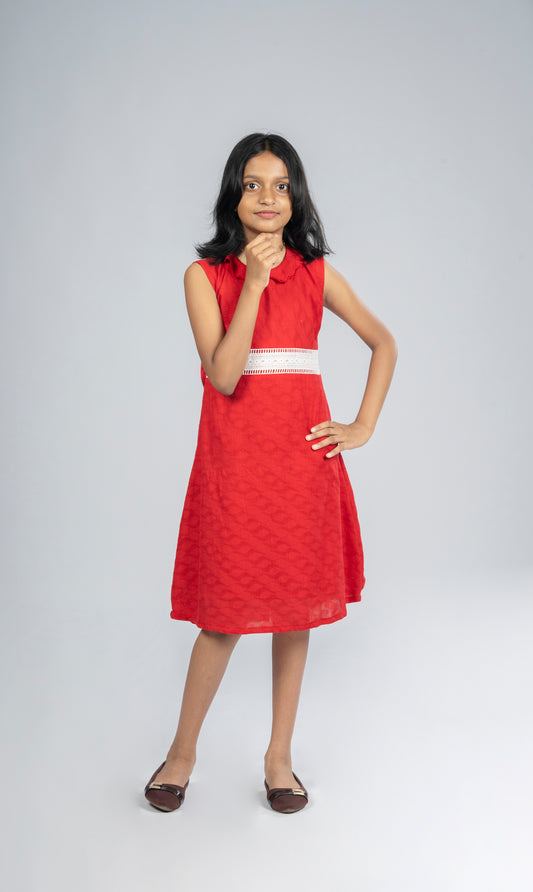 Kids - Red threaded cotton frock with Peter Pan collar and hacoba band MBS-R233