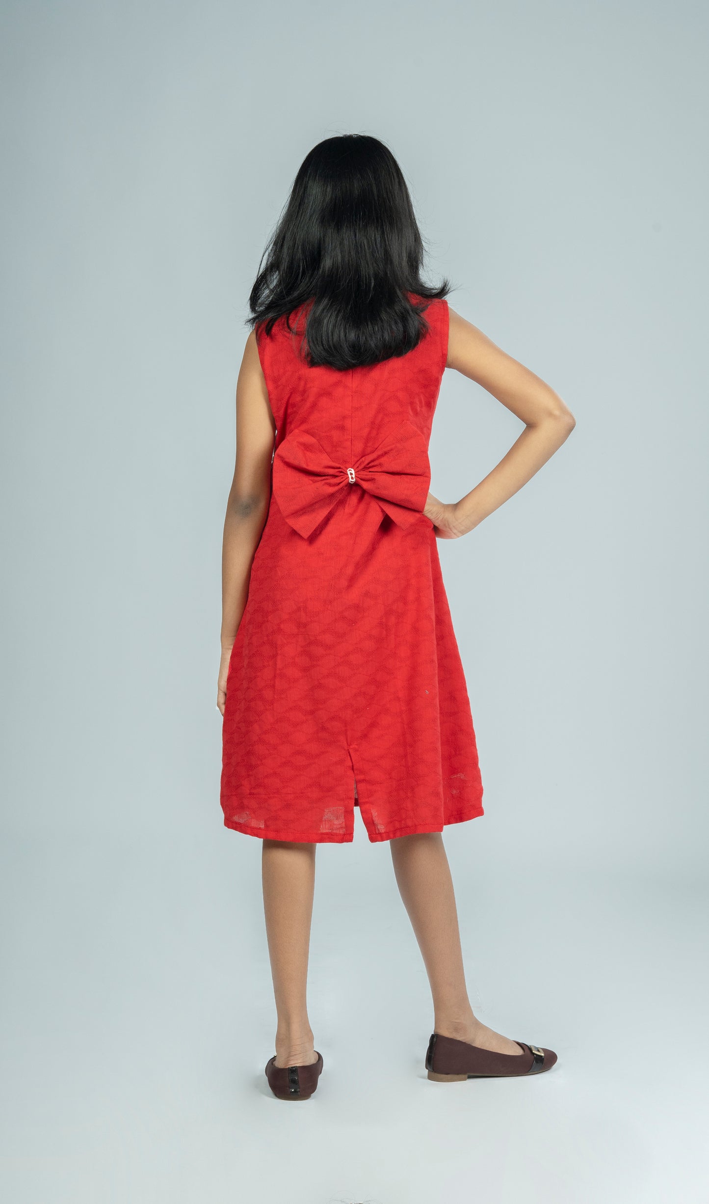 Kids - Red threaded cotton frock with Peter Pan collar and hacoba band MBS-R233