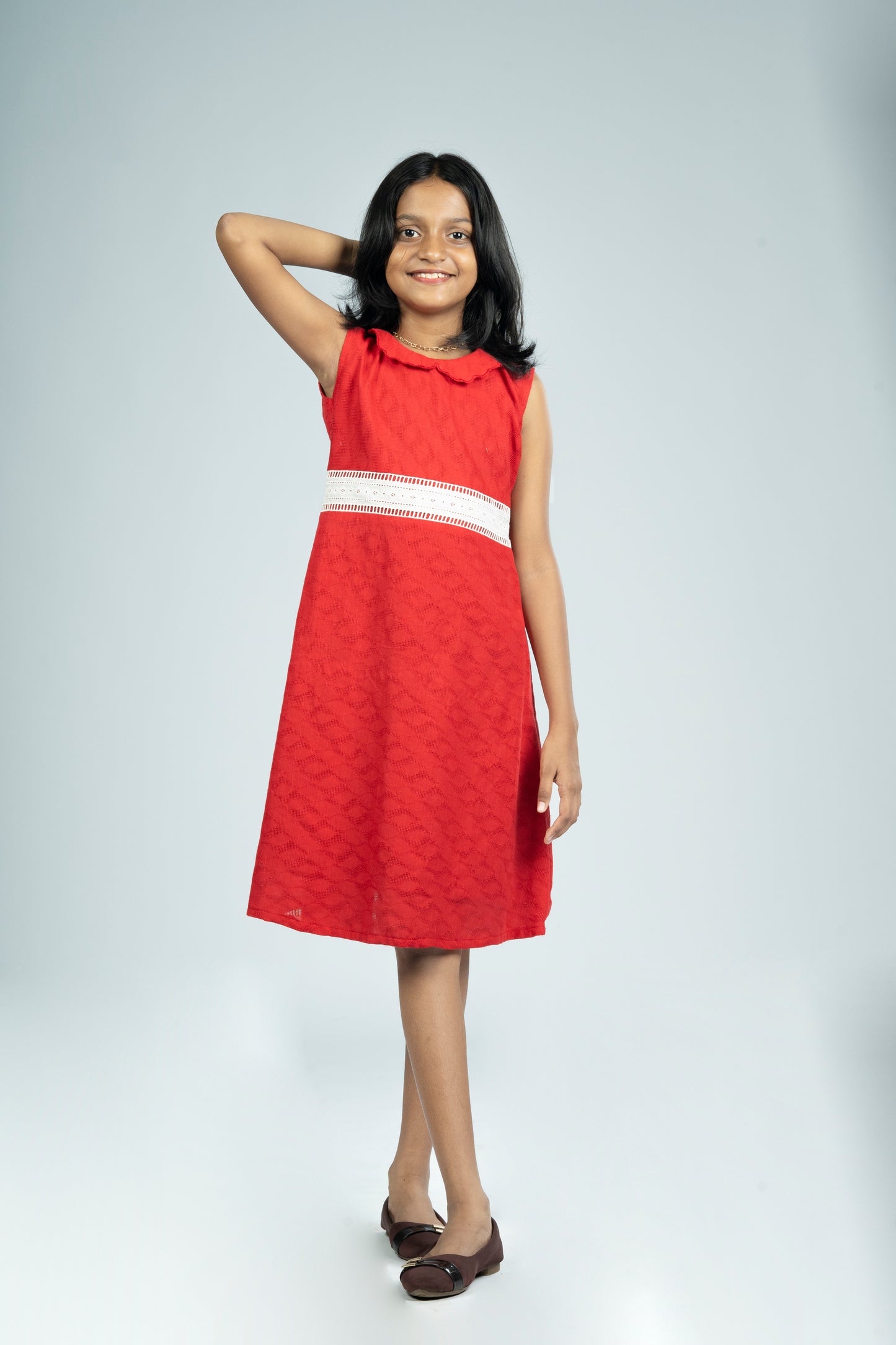 Kids - Red threaded cotton frock with Peter Pan collar and hacoba band MBS-R233