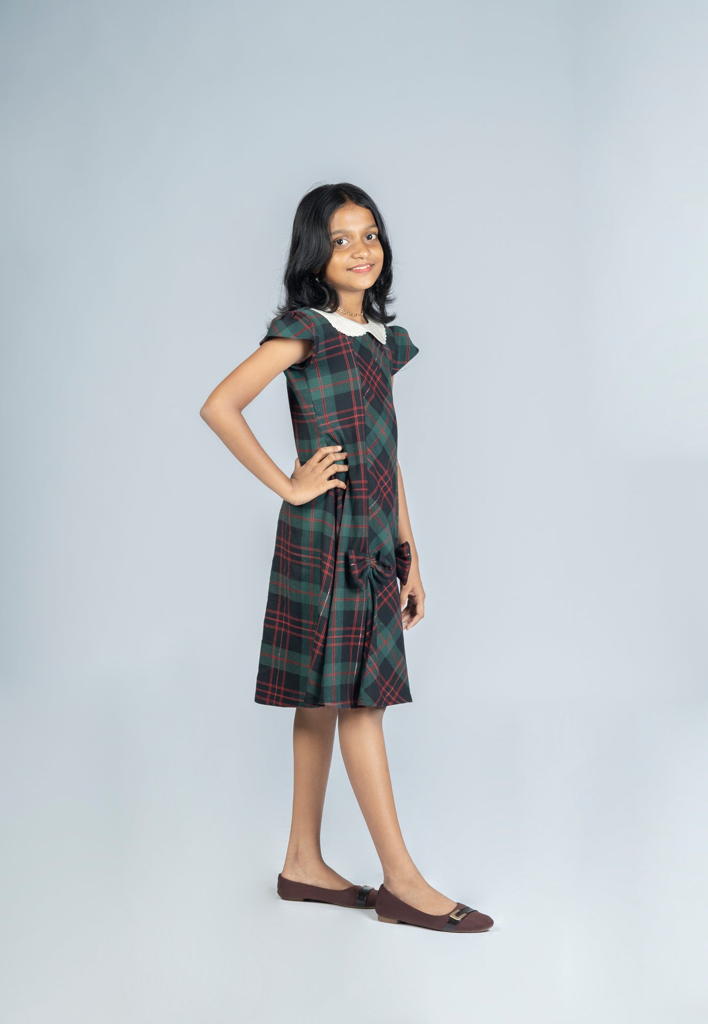 Red and green check frock with Peter Pan collar and box pleats MBS-R236
