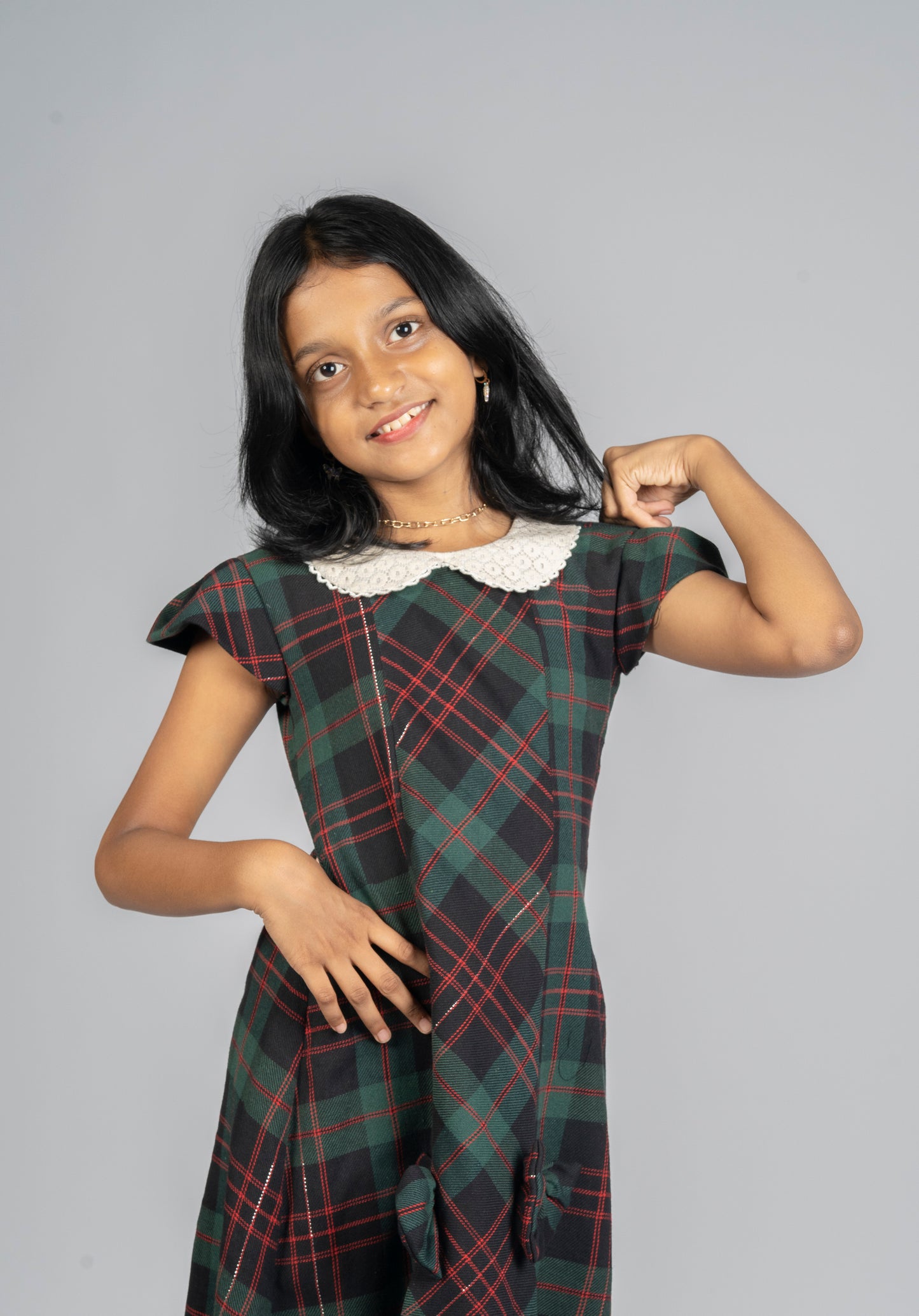 Red and green check frock with Peter Pan collar and box pleats MBS-R236