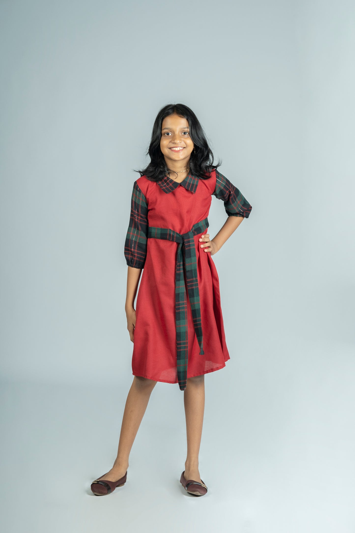 Meroon cotton lining frock with check collar and sleeves MBS-R237