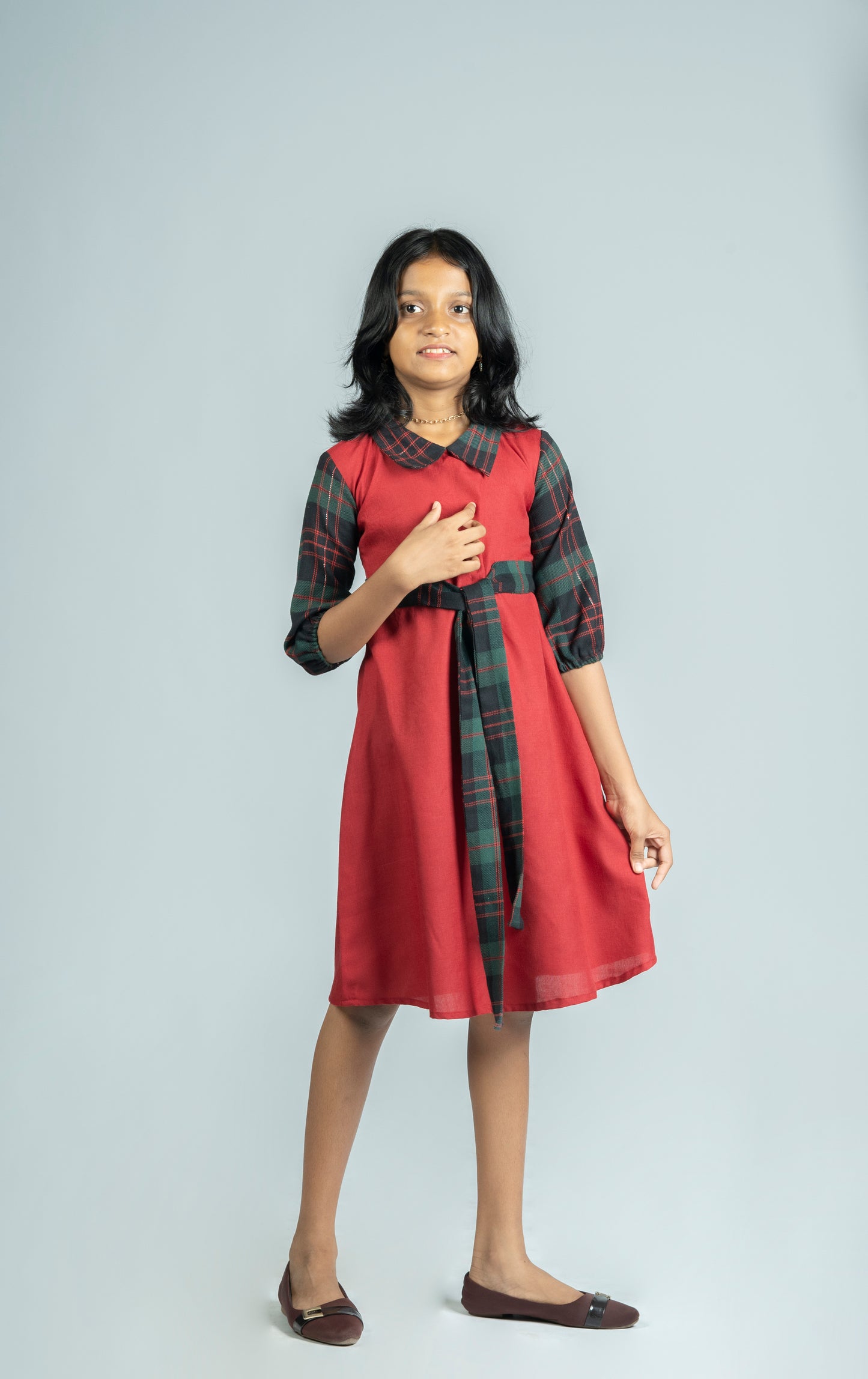 Meroon cotton lining frock with check collar and sleeves MBS-R237
