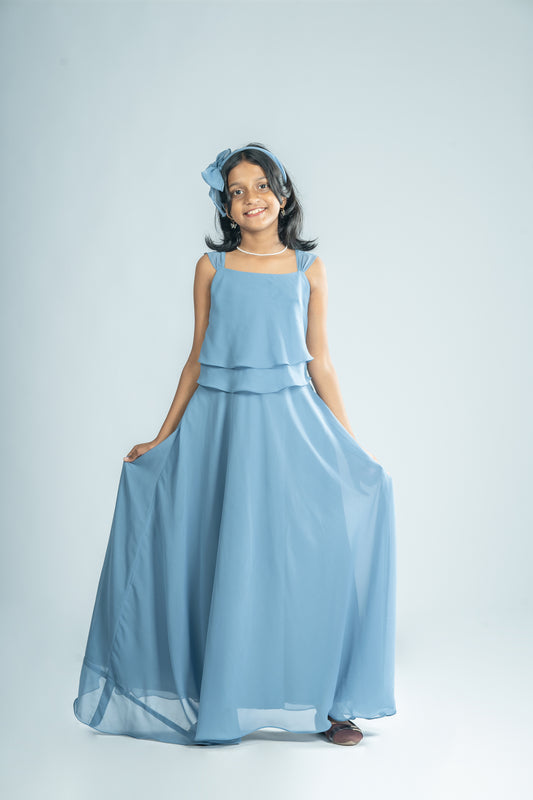 Pastel blue georgette gown with layered yoke MBS-R211