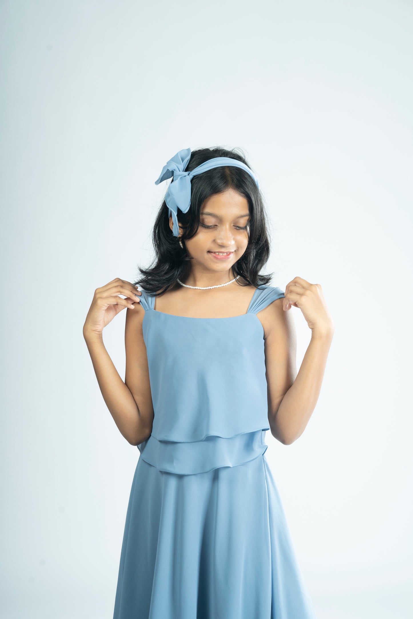 Pastel blue georgette gown with layered yoke MBS-R211
