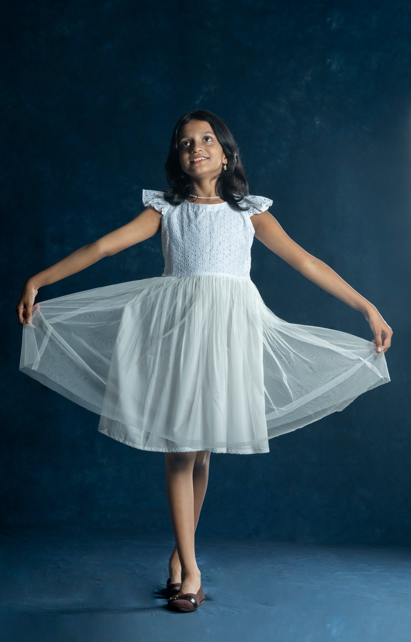 Kids - White netted frock with hacoba yoke MBS-217