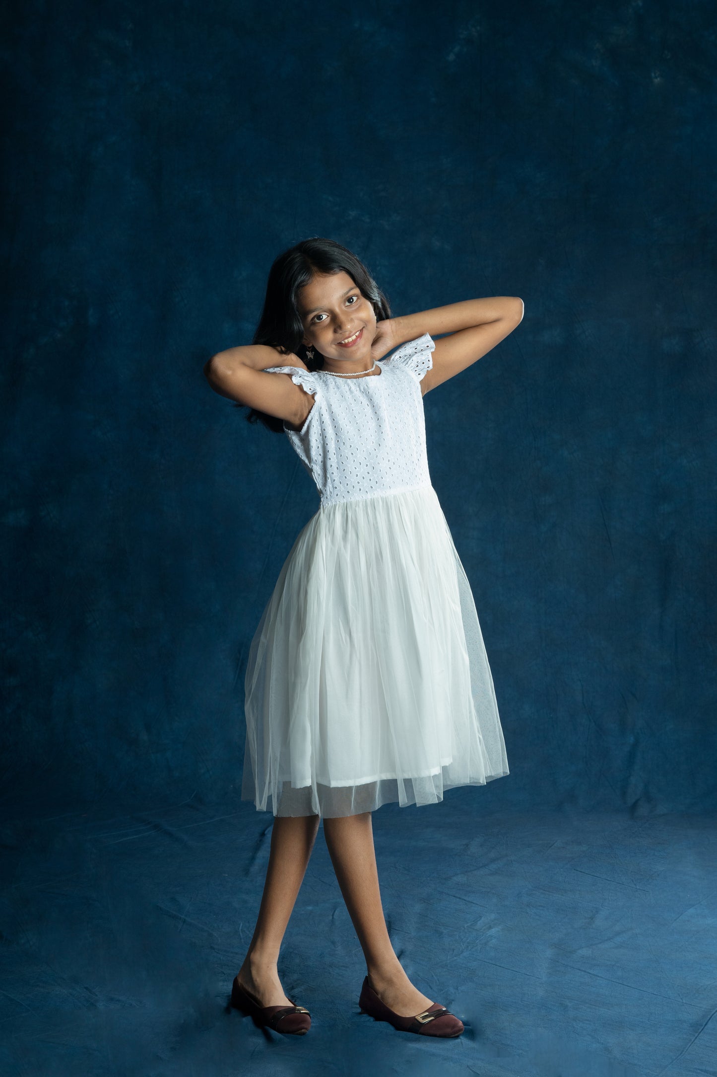 Kids - White netted frock with hacoba yoke MBS-217