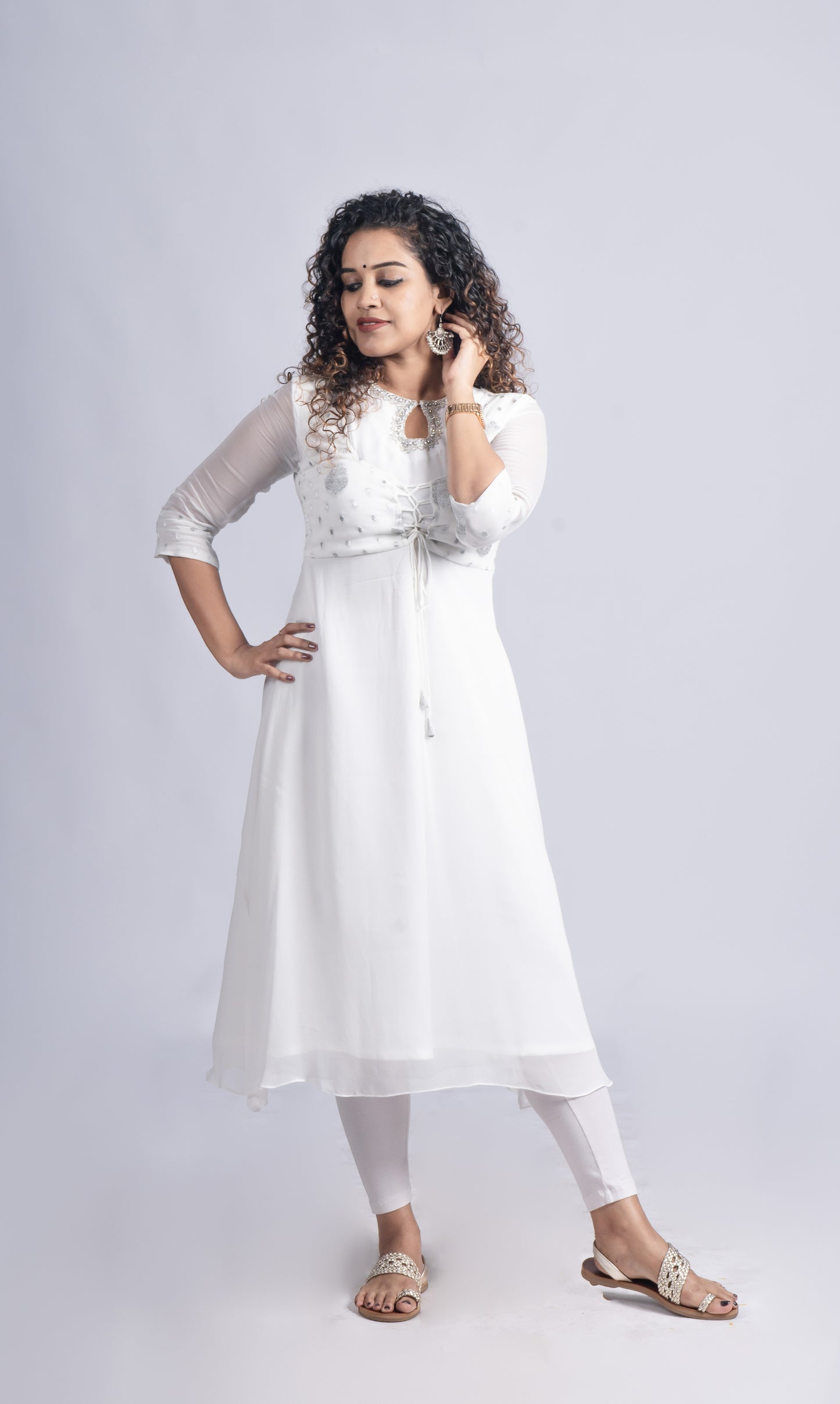 Milky white pure Georgette handworked kurti paired with silver lined dupatta MBS-R98