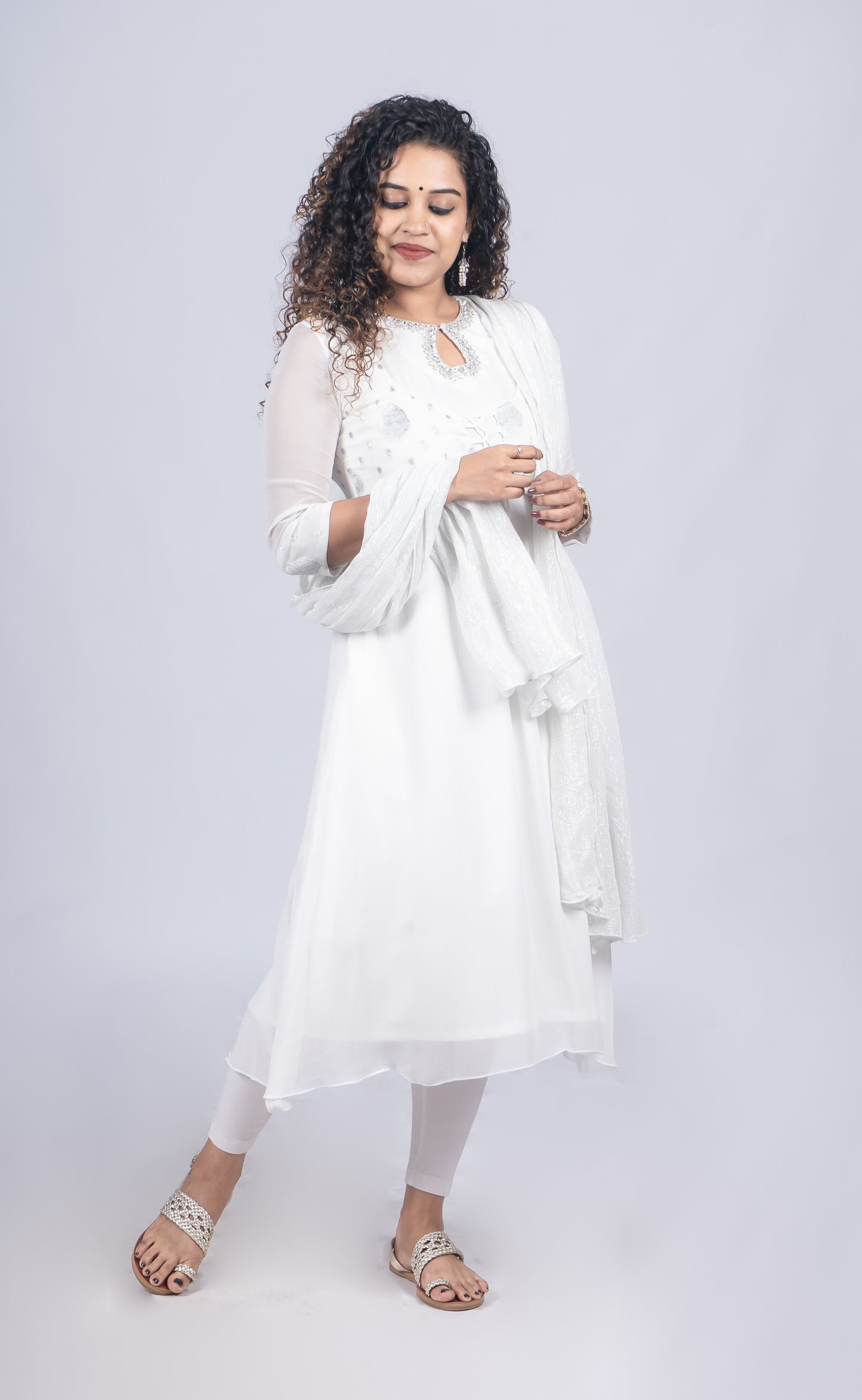 Milky white pure Georgette handworked kurti paired with silver lined dupatta MBS-R98