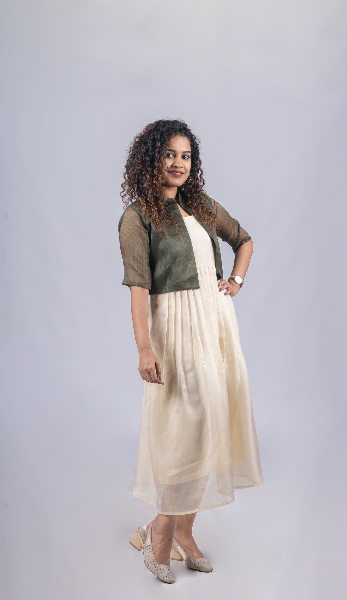Self golden threaded Jute organza Frock/dress/kurti paired with Jacket MBS-R91