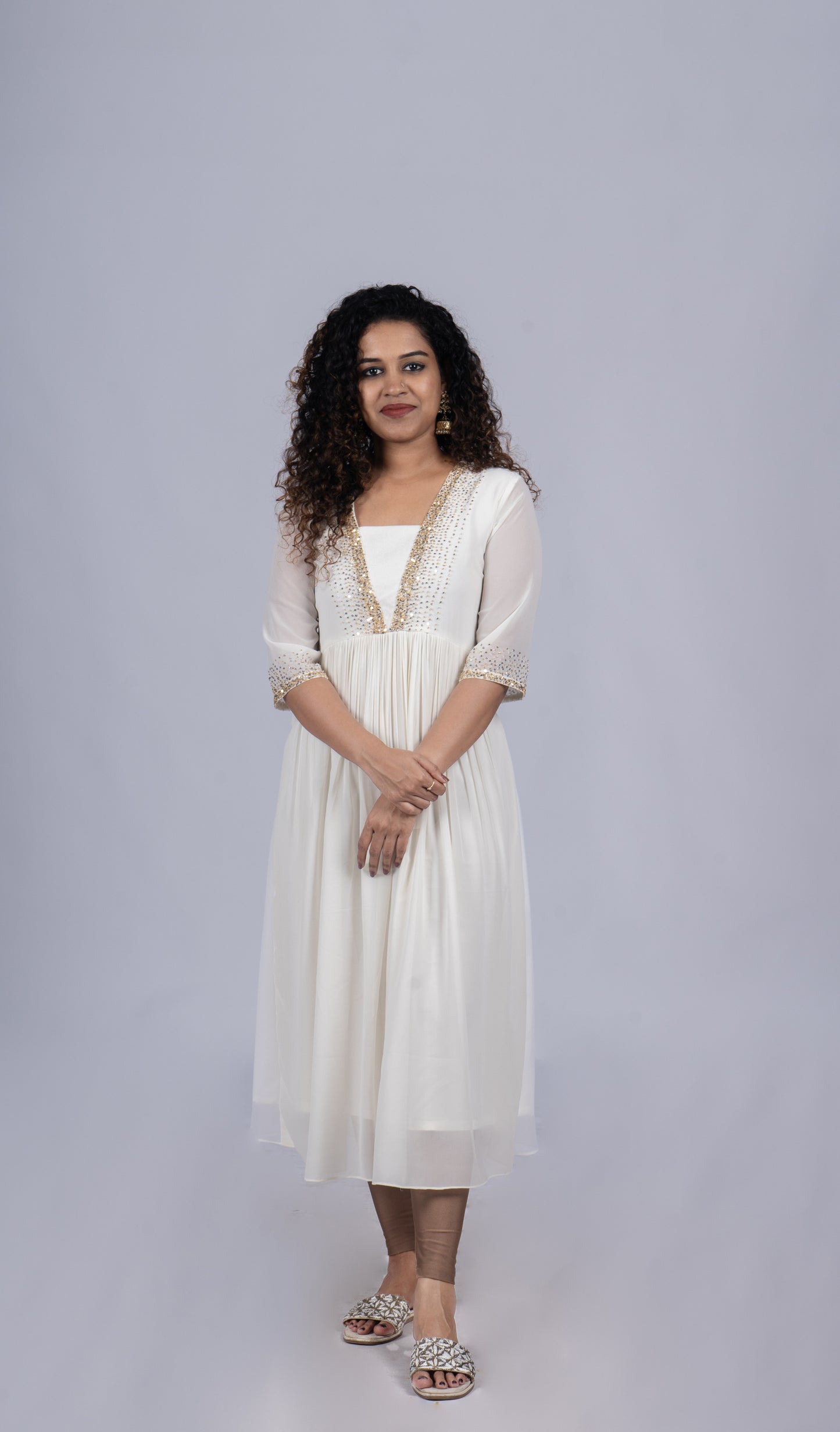 Off white georgette Aline kurti with heavy handworked yoke and sleeves MBS -R122