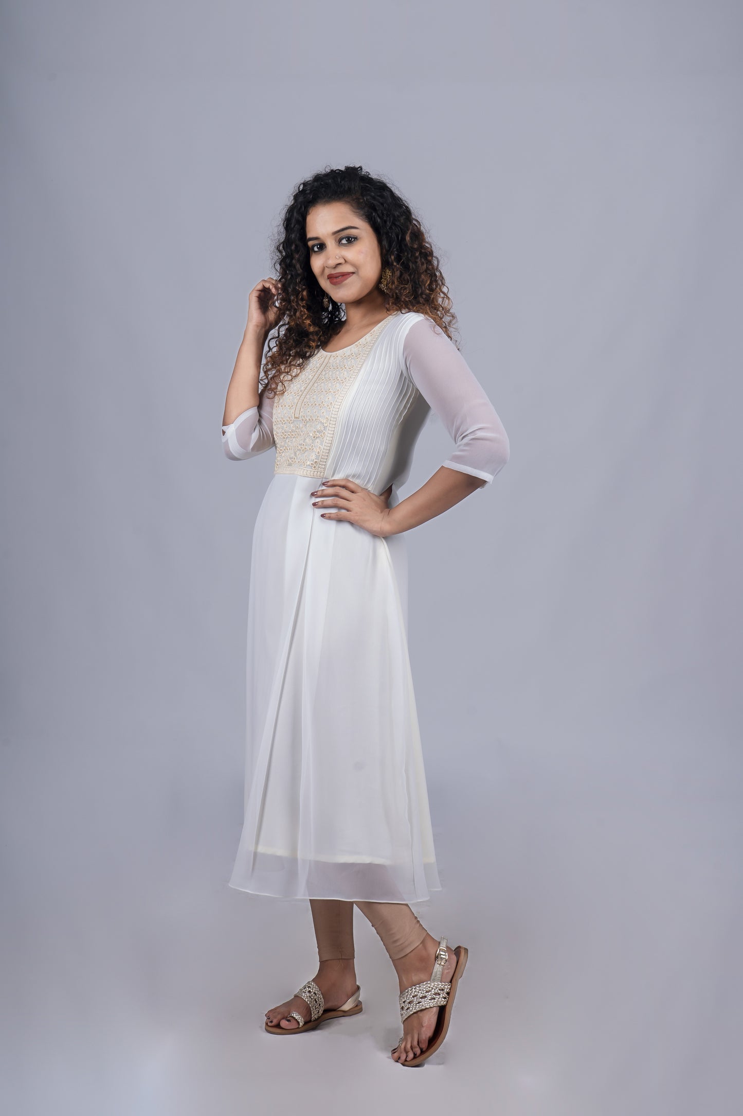 Onam special collection- Off white georgette Aline kurti with designer yoke and pintucks MBS-R101