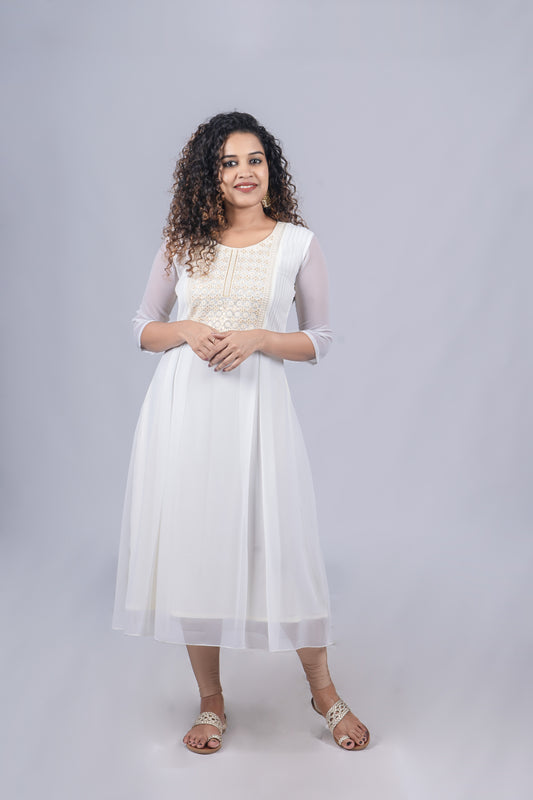 Onam special collection- Off white georgette Aline kurti with designer yoke and pintucks MBS-R101