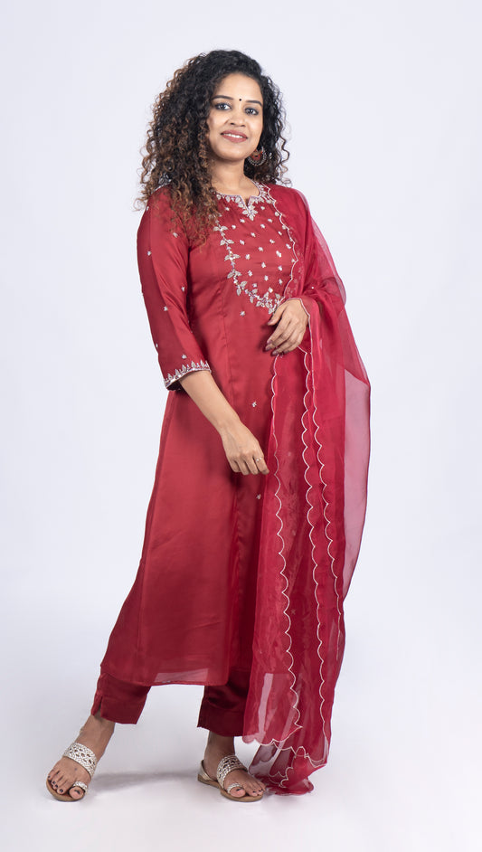 Fully stitched party wear meroon Aline salwar set in Rani silk fabric  MBS-R126