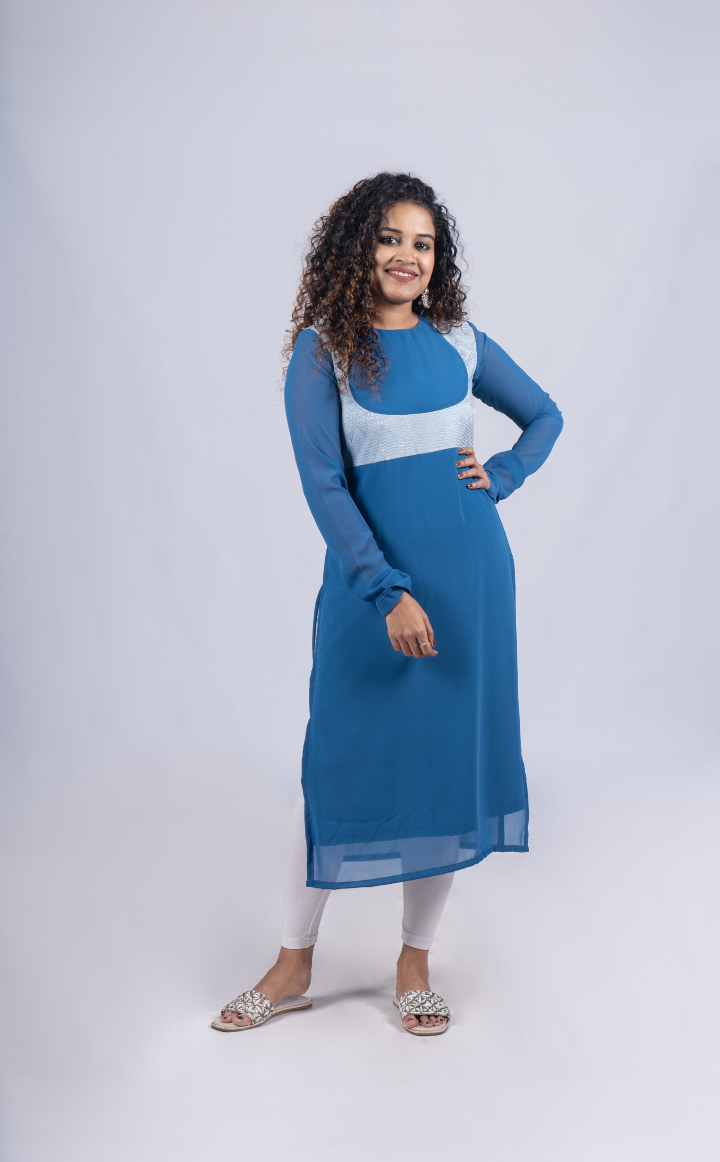 Full sleeve georgette slitted kurti in turquoise blue shade MBS -110