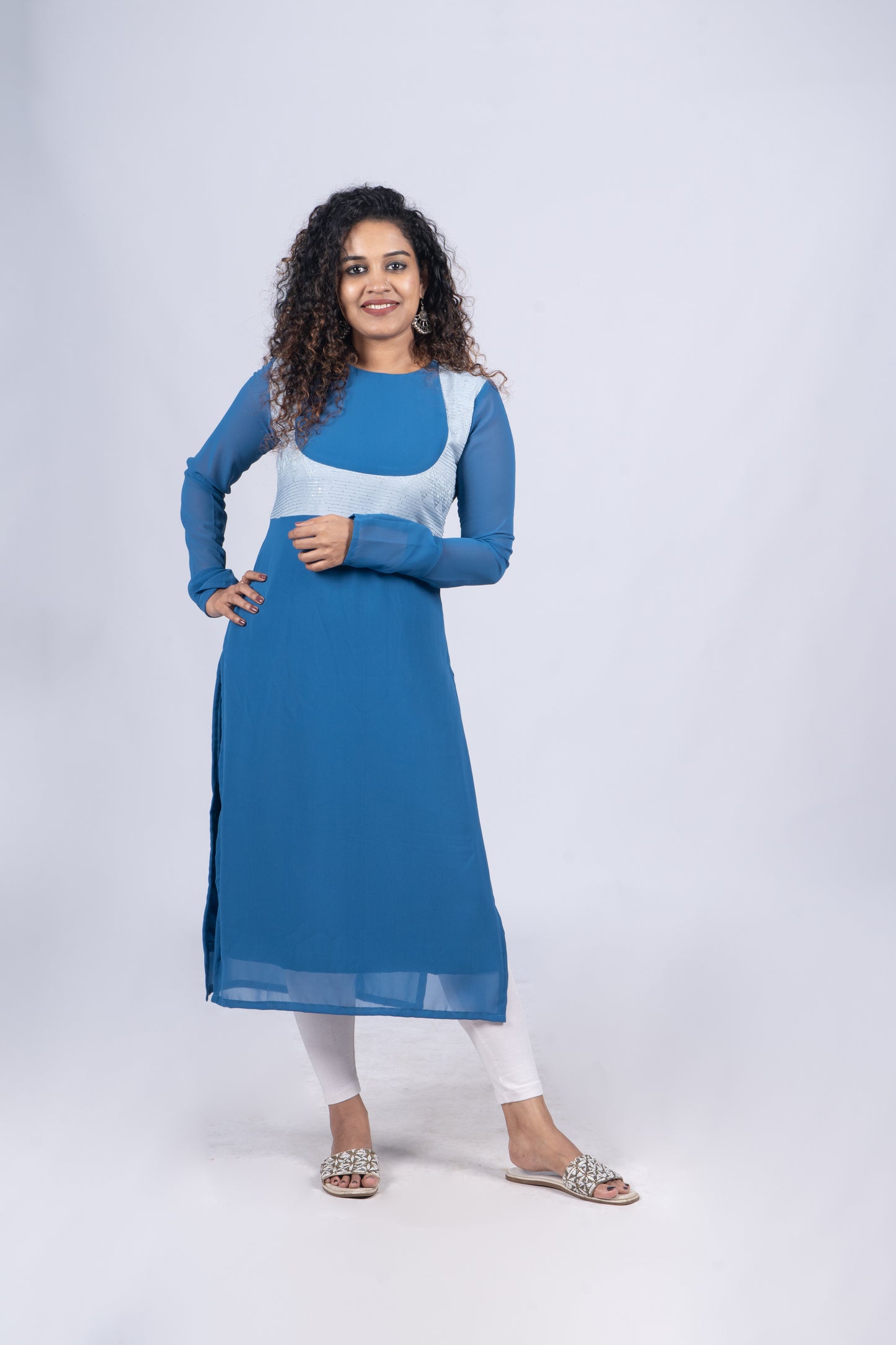 Full sleeve georgette slitted kurti in turquoise blue shade MBS -110