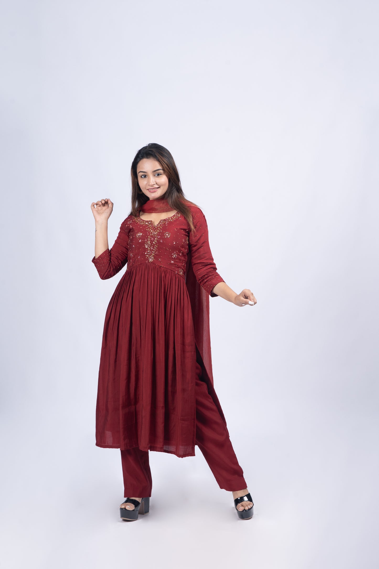 Meroonish red shaded Fully stitched party wear Semi tussar salwar set with handworked yoke and sleeve MBS -R 124