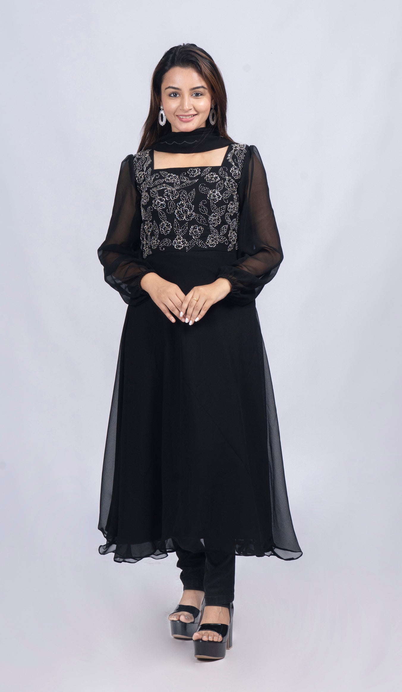Black georgette party wear anarkali kurti with handwork detailing on yoke portion paired with scalloped dupatta MBS-R97