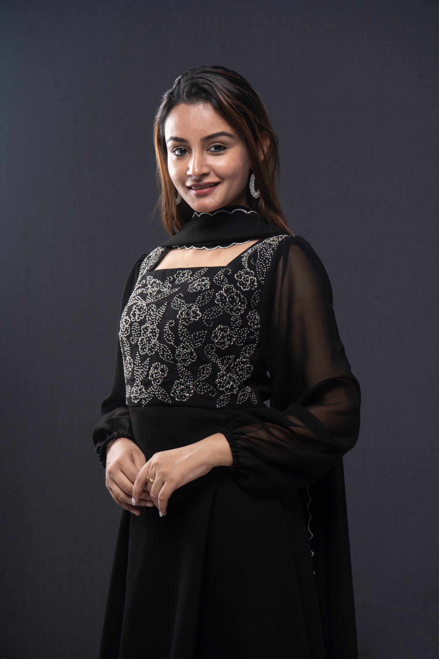 Black georgette party wear anarkali kurti with handwork detailing on yoke portion paired with scalloped dupatta MBS-R97