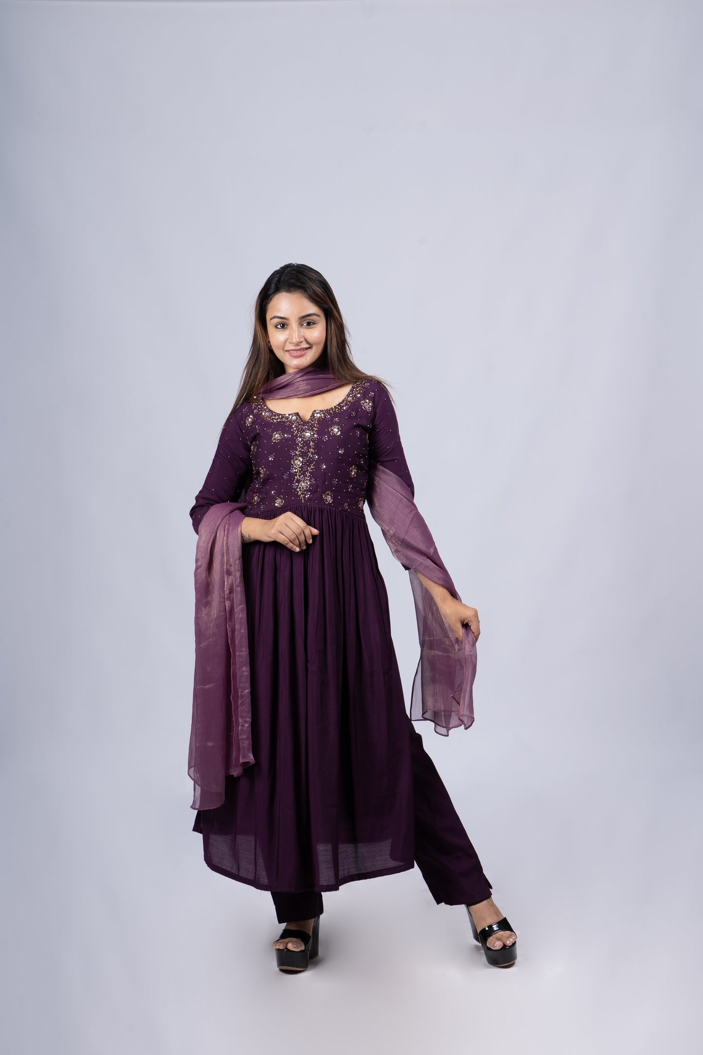 Grape purple shaded Fully stitched party wear Semi tussar salwar set with handworked yoke and sleeve MBS-R125